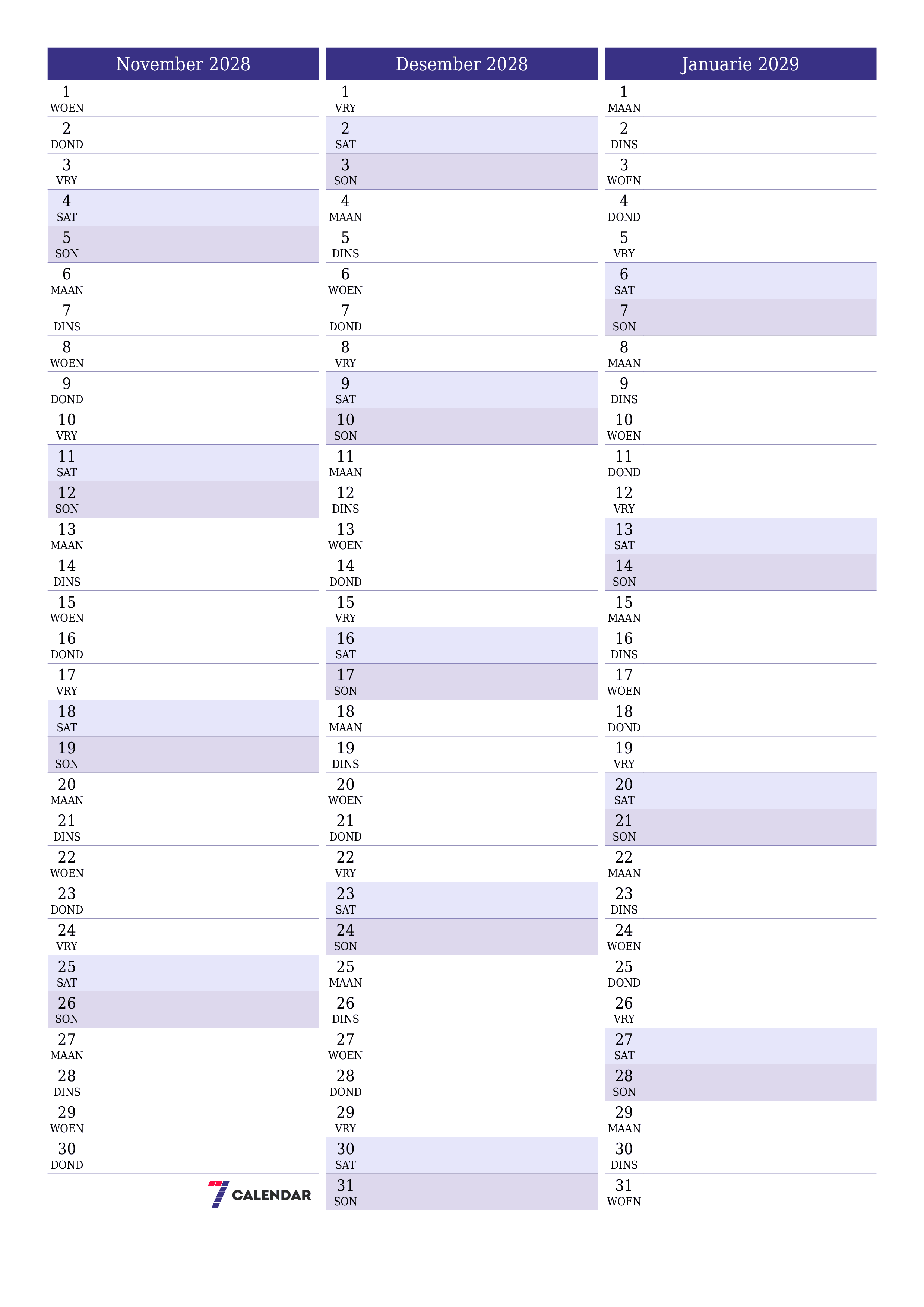 Leë maandelikse drukbare kalender en beplanner vir maand November 2028 met notas stoor en druk na PDF PNG Afrikaans