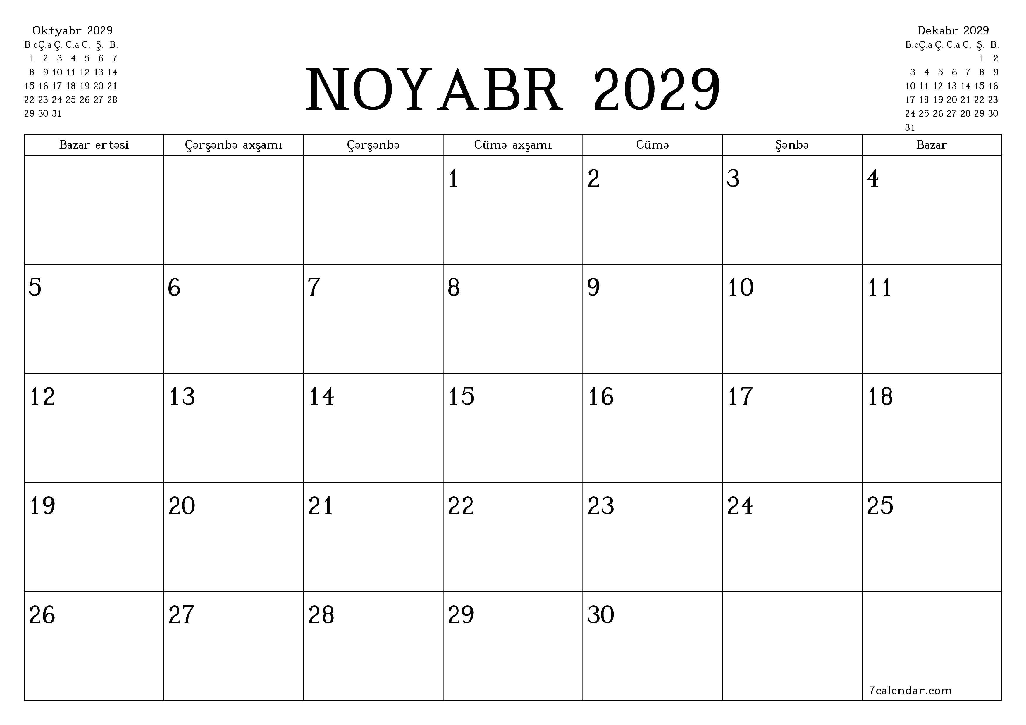 Noyabr 2029 ayı üçün qeydlər ilə boş aylıq planlayıcı, qeyd edin və PDF-ə yazdırın PNG Azerbaijani