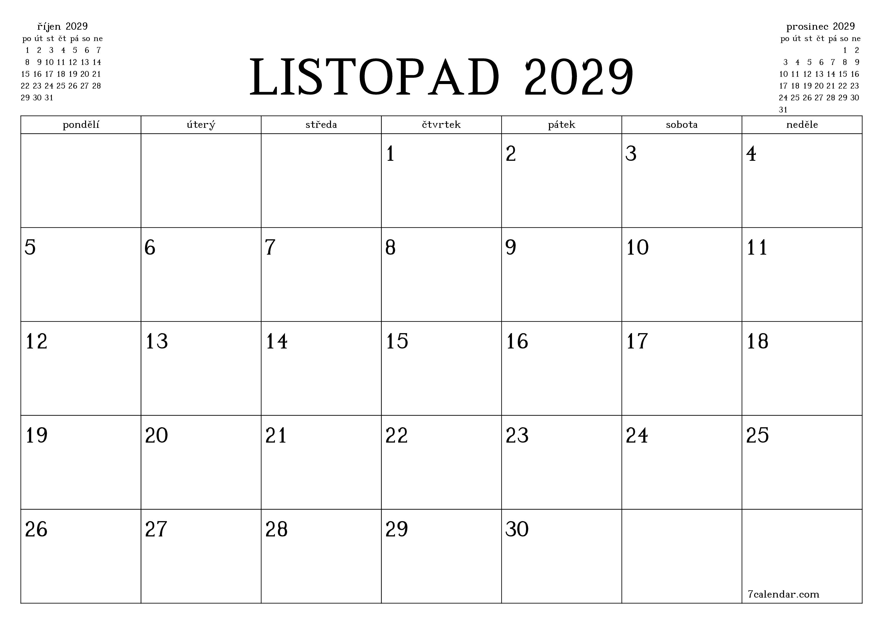 Vyprázdnit měsíční plánovač na měsíc listopad 2029 s poznámkami, uložit a vytisknout do PDF PNG Czech
