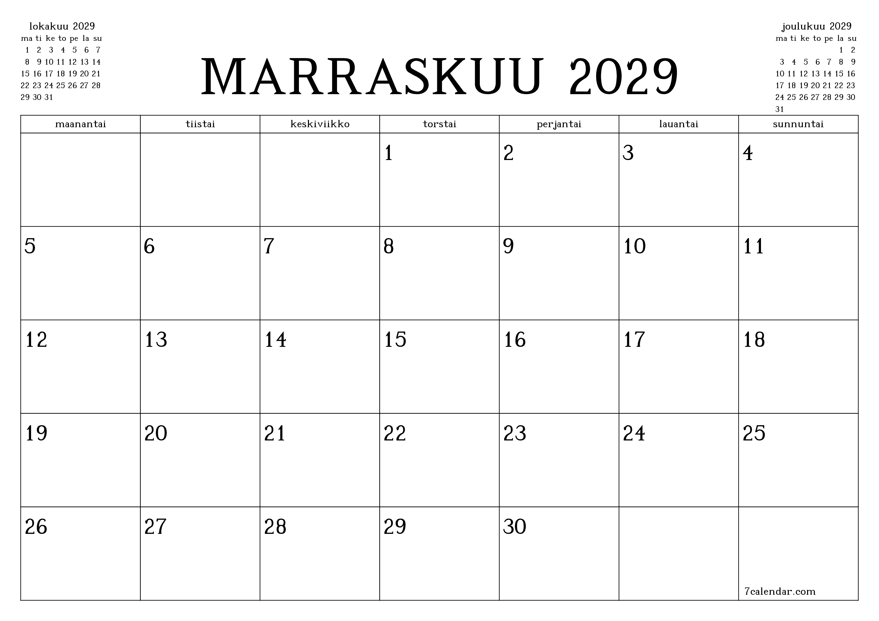 Tyhjennä kuukausittainen suunnittelija kuukaudelle Marraskuu 2029 muistiinpanoilla, tallenna ja tulosta PDF-muotoon PNG Finnish