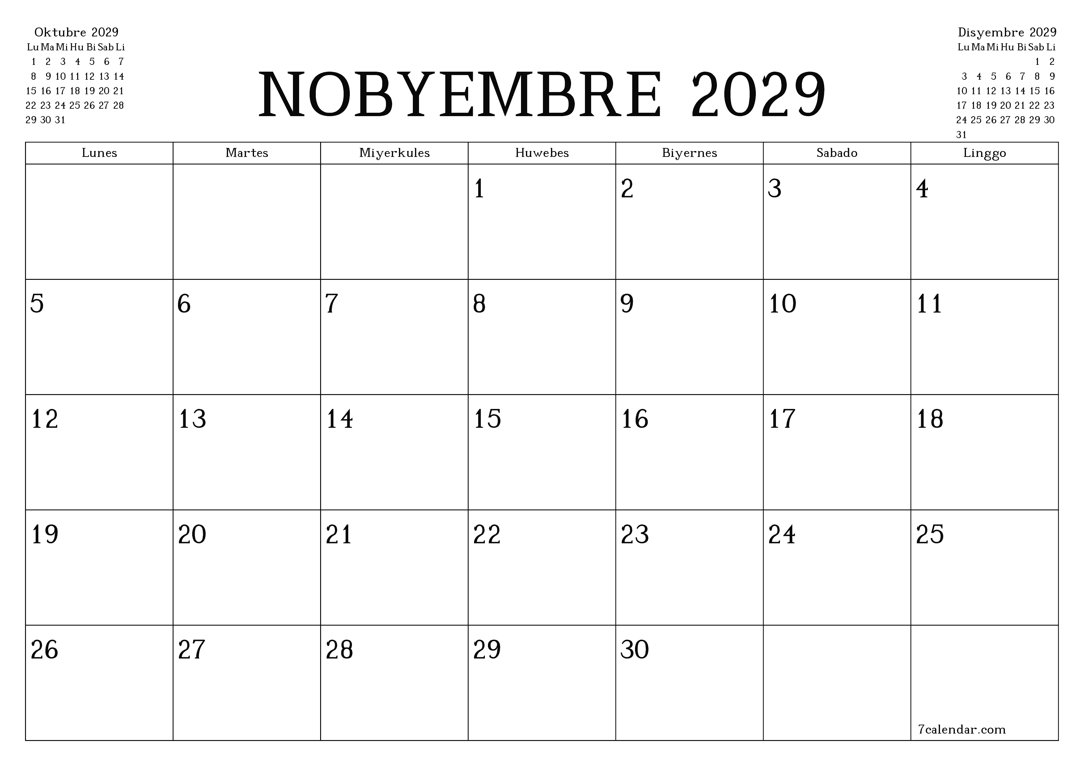 Walang laman na buwanang tagaplano para sa buwan na Nobyembre 2029 na may mga tala, i-save at i-print sa PDF PNG Filipino