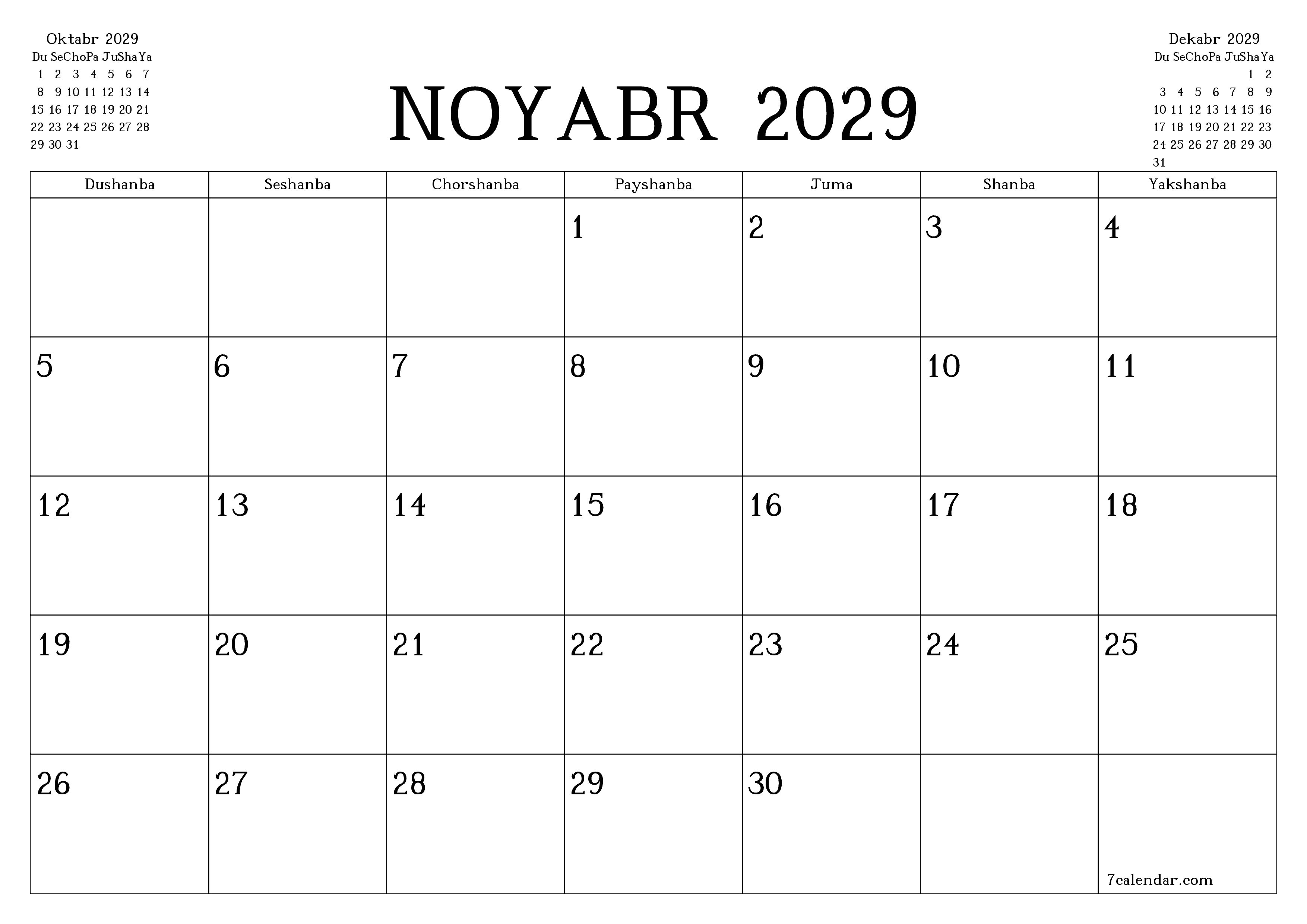 Noyabr 2029 oylik oylik rejalashtiruvchini yozuvlar bilan bo'shatish, saqlash va PDF-ga chop etish PNG Uzbek