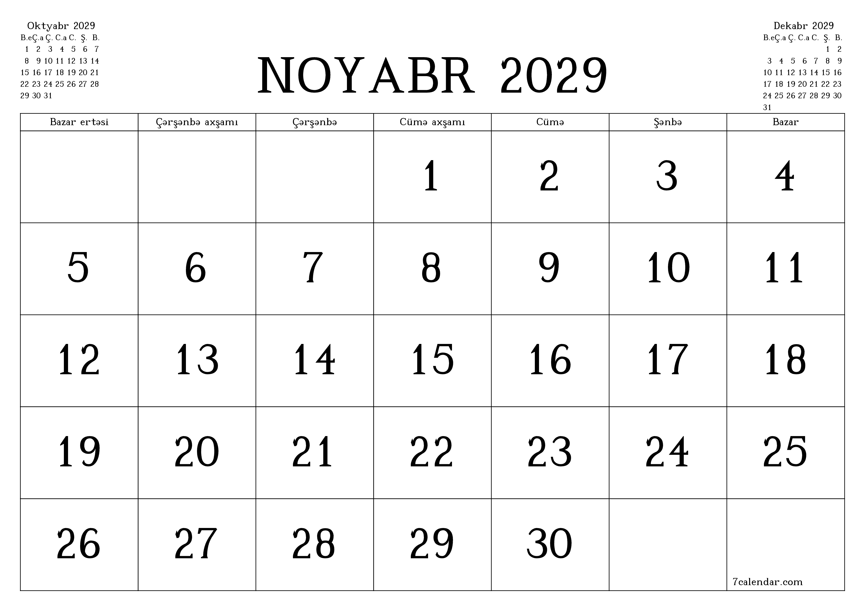 Noyabr 2029 ayı üçün qeydlər ilə boş aylıq planlayıcı, qeyd edin və PDF-ə yazdırın PNG Azerbaijani