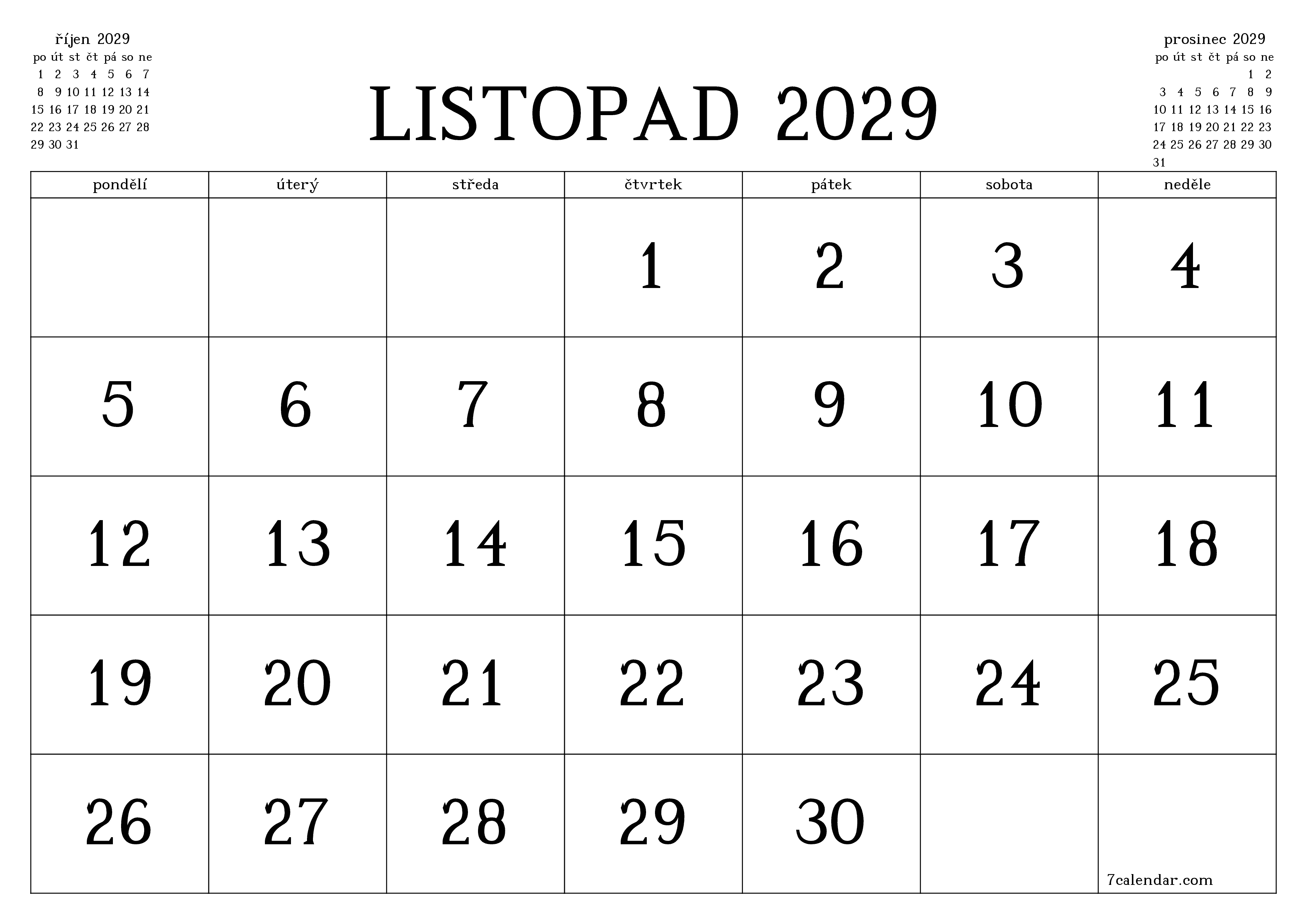 Vyprázdnit měsíční plánovač na měsíc listopad 2029 s poznámkami, uložit a vytisknout do PDF PNG Czech