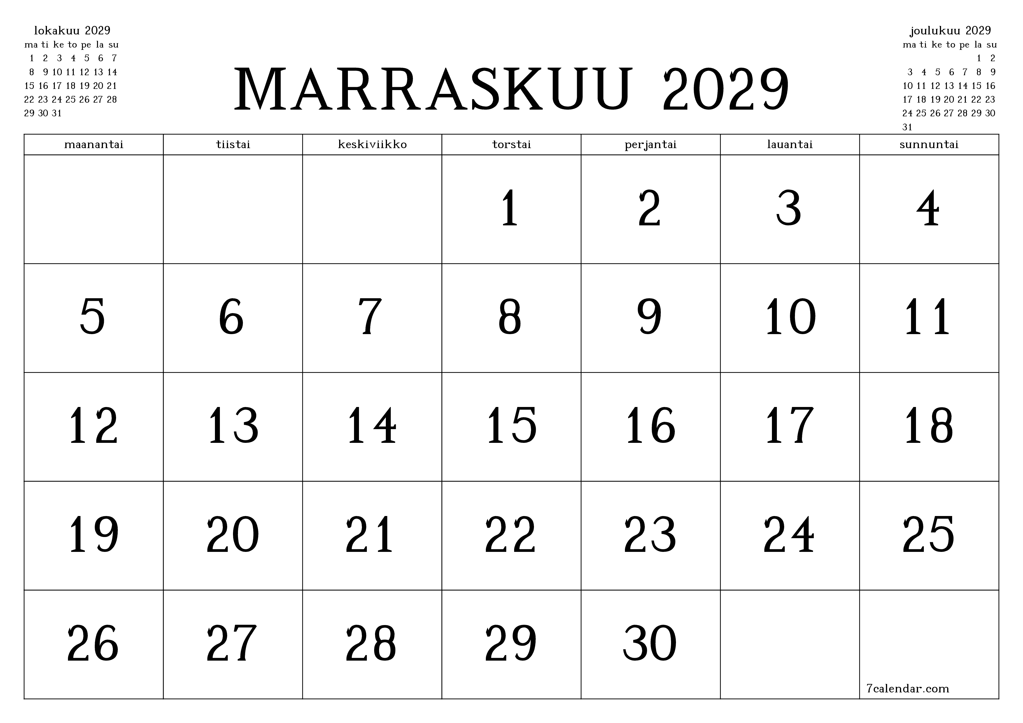 Tyhjennä kuukausittainen suunnittelija kuukaudelle Marraskuu 2029 muistiinpanoilla, tallenna ja tulosta PDF-muotoon PNG Finnish