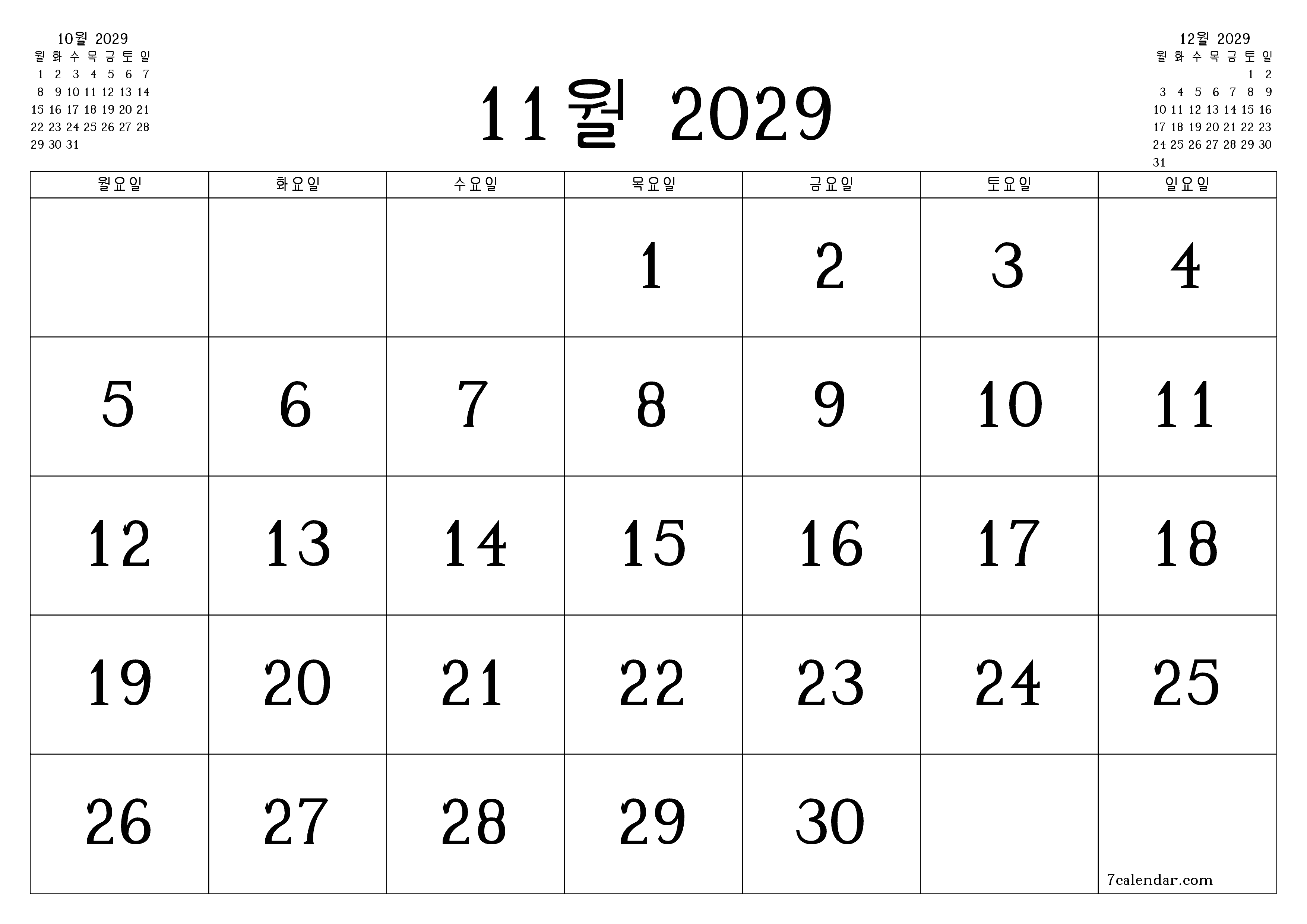 메모가있는 11월 2029 월의 월간 플래너 비우기, PDF PNG Korean-7calendar.com으로 저장 및 인쇄