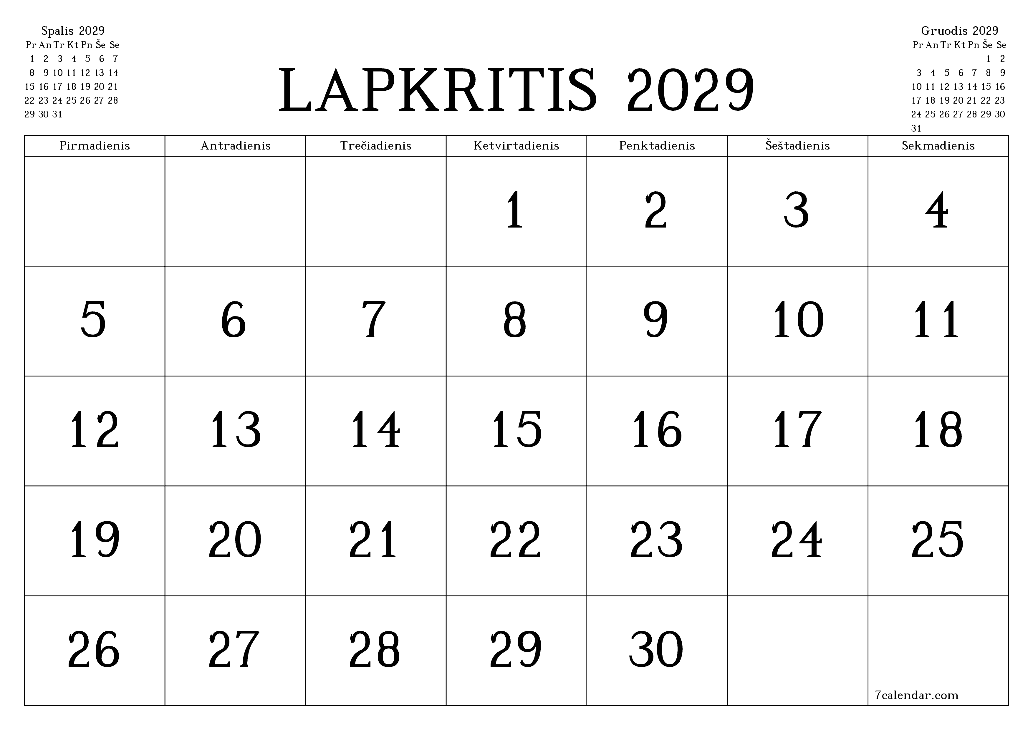 Ištuštinti mėnesio Lapkritis 2029 mėnesio planavimo priemonę su užrašais, išsaugoti ir atsispausdinti PDF formate PNG Lithuanian