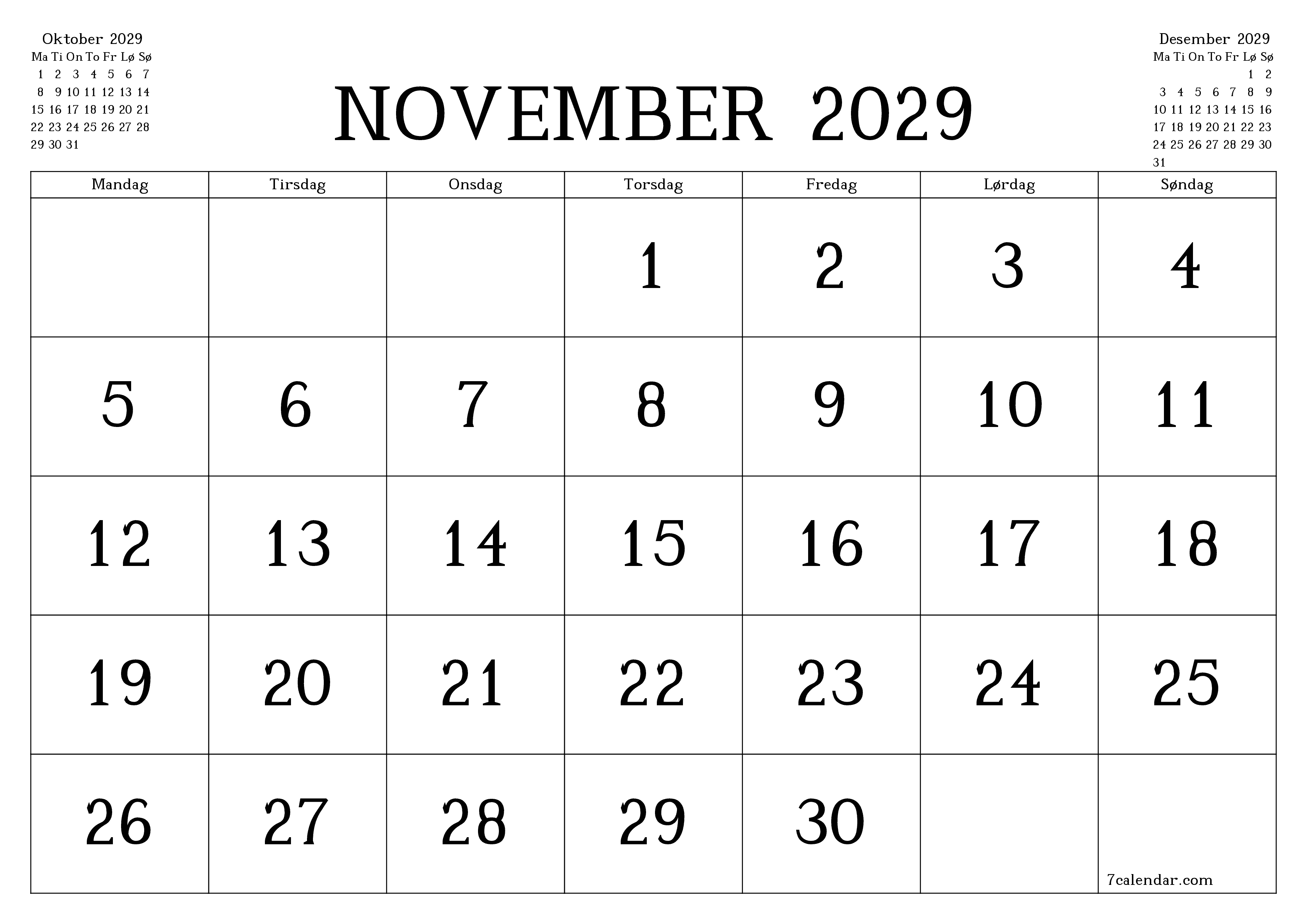 Tom månedlig planlegger for måned November 2029 med notater, lagre og skriv ut til PDF PNG Norwegian