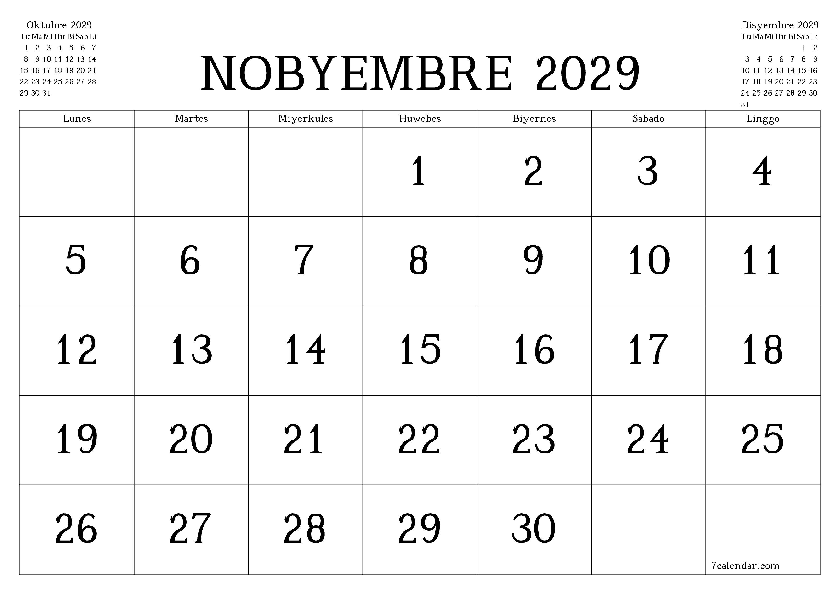 Walang laman na buwanang tagaplano para sa buwan na Nobyembre 2029 na may mga tala, i-save at i-print sa PDF PNG Filipino