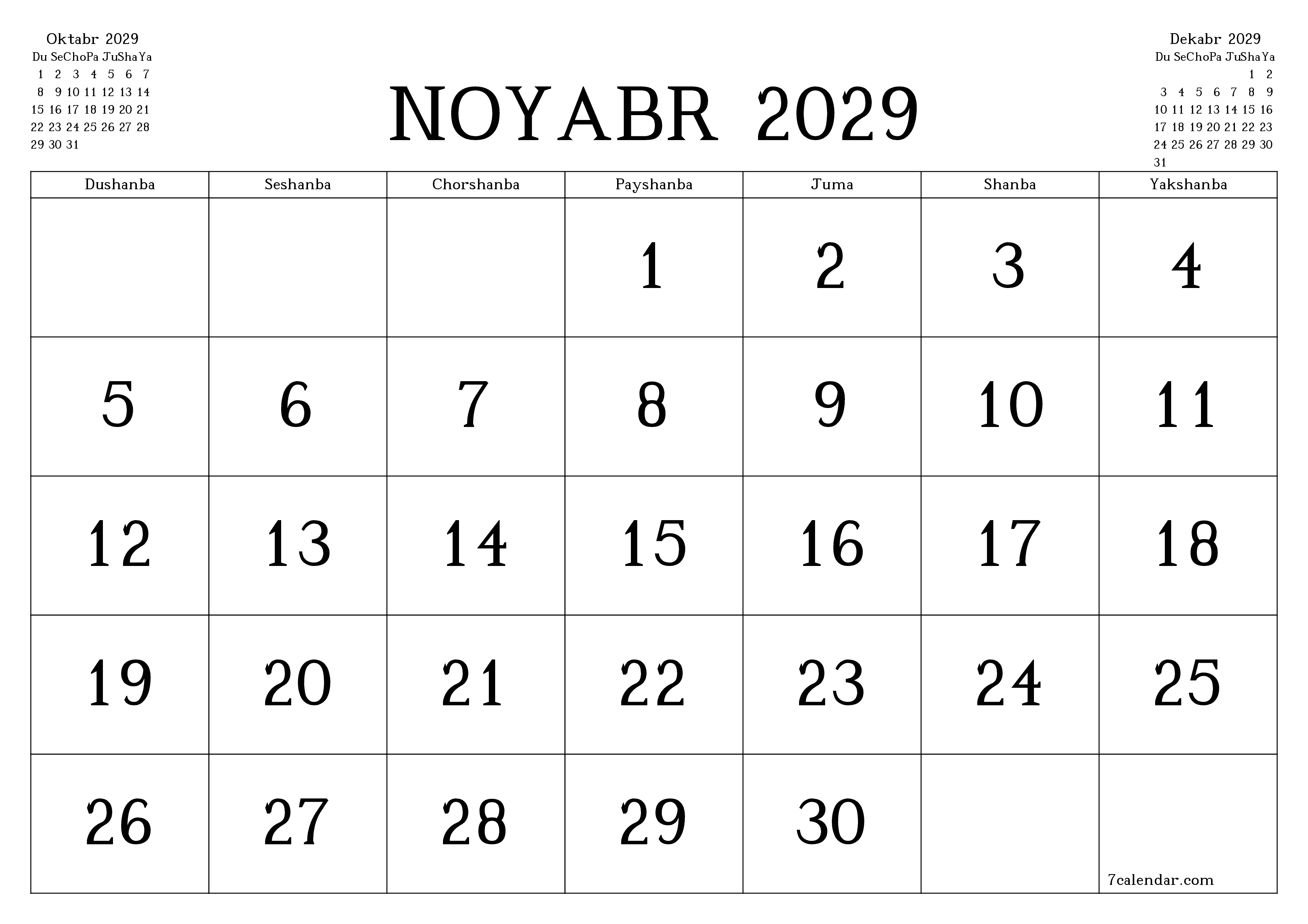 Noyabr 2029 oylik oylik rejalashtiruvchini yozuvlar bilan bo'shatish, saqlash va PDF-ga chop etish PNG Uzbek