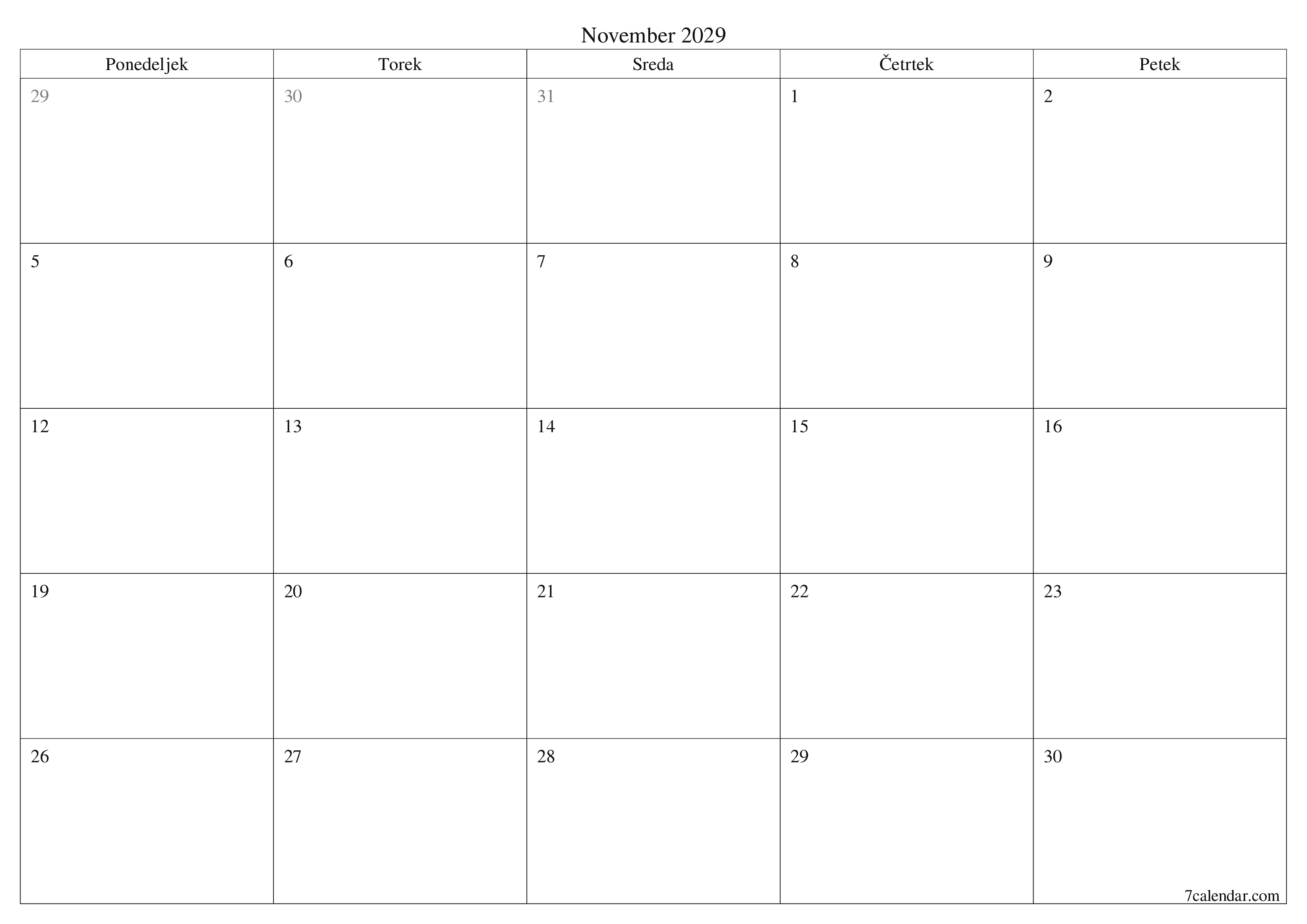Prazen mesečni načrtovalec koledarja za mesec November 2029 z opombami, natisnjenimi v PDF PNG Slovenian