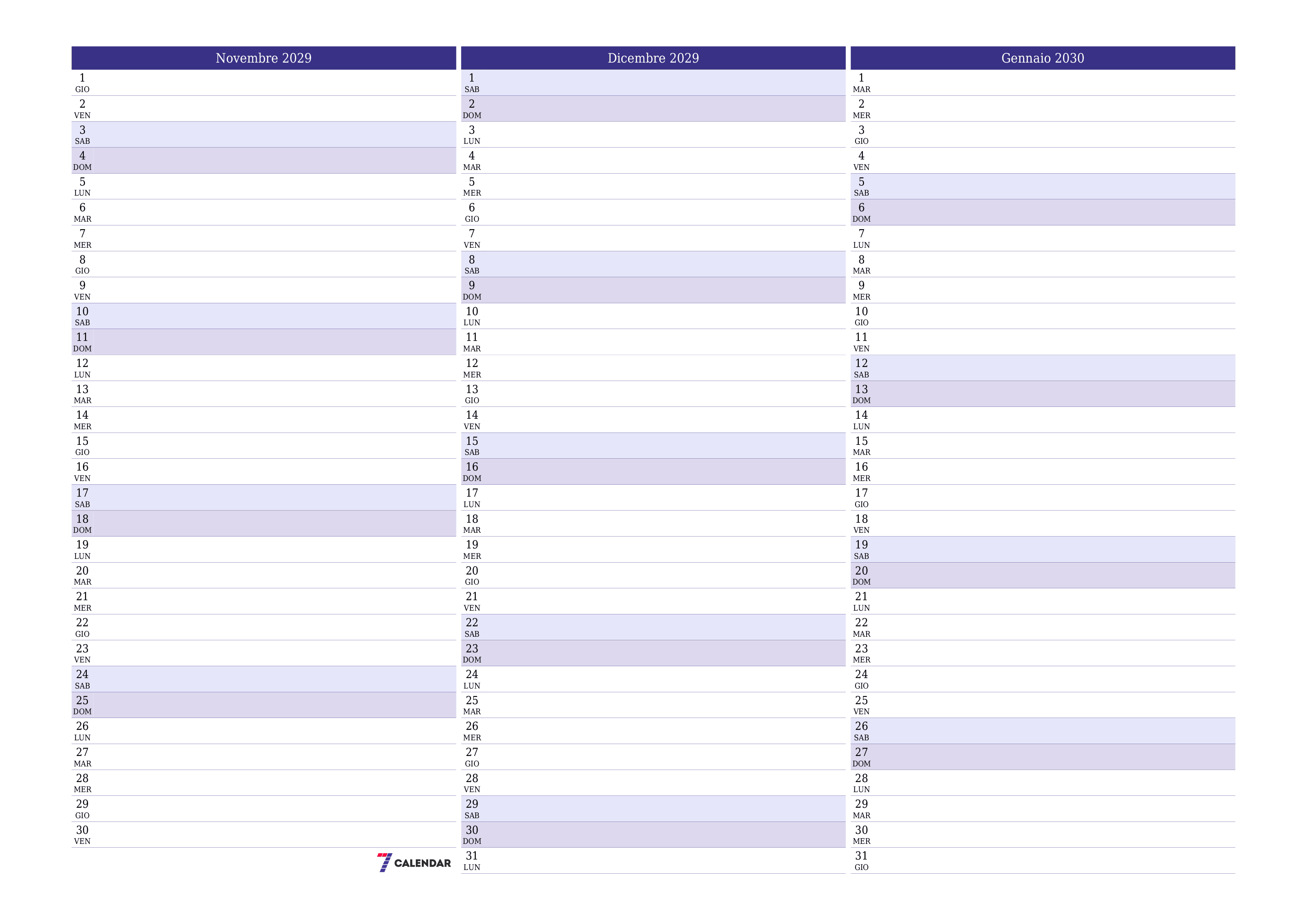 Pianificatore mensile vuoto per il mese Novembre 2029 con note, salva e stampa in PDF PNG Italian
