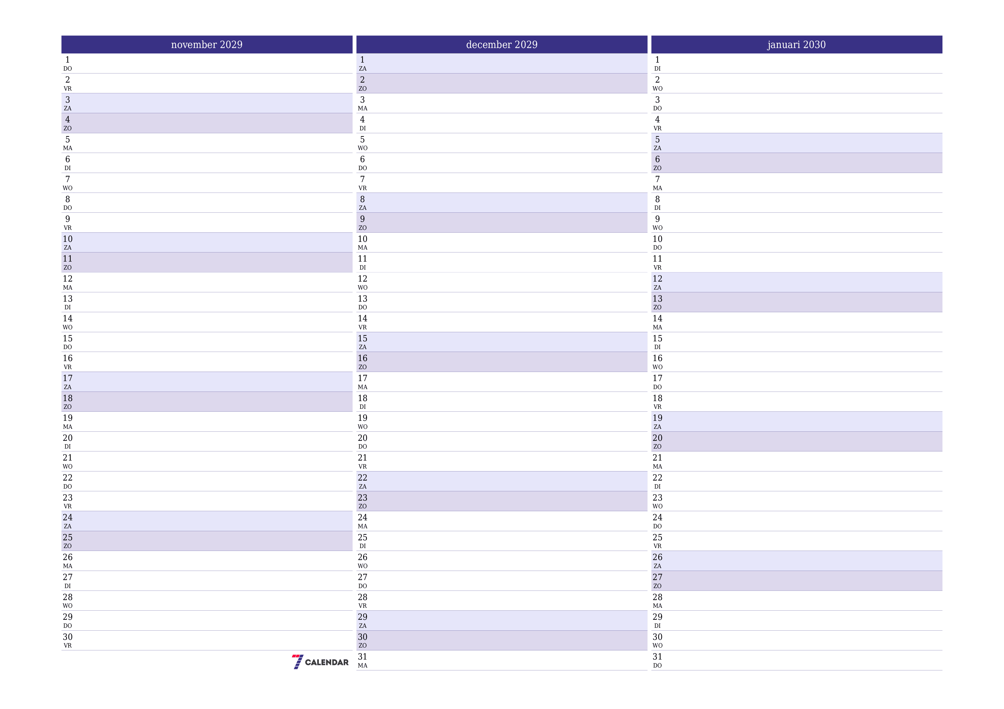 Lege maandplanner voor maand november 2029 met notities, opslaan en afdrukken naar pdf PNG Dutch