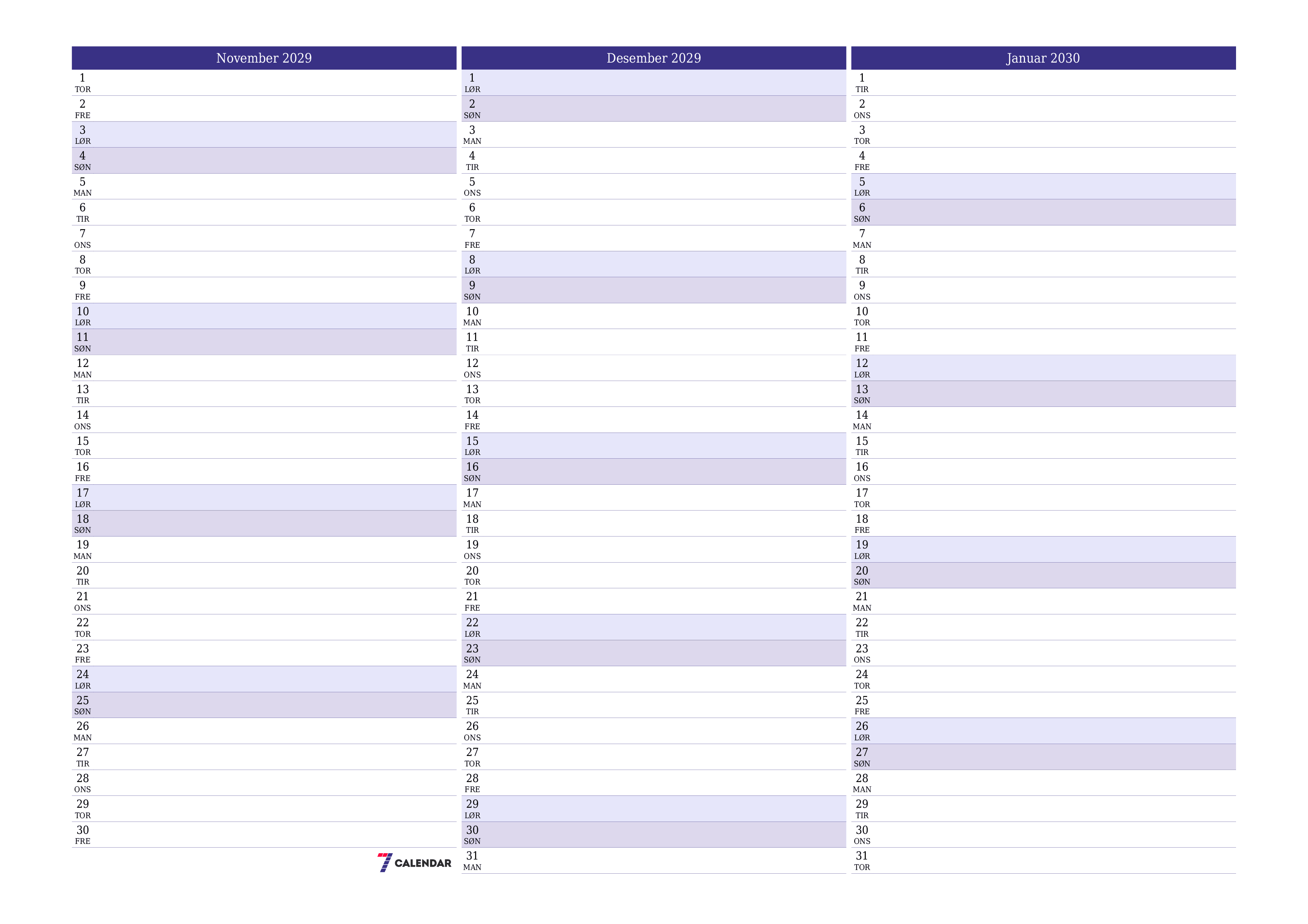 Tom månedlig planlegger for måned November 2029 med notater, lagre og skriv ut til PDF PNG Norwegian