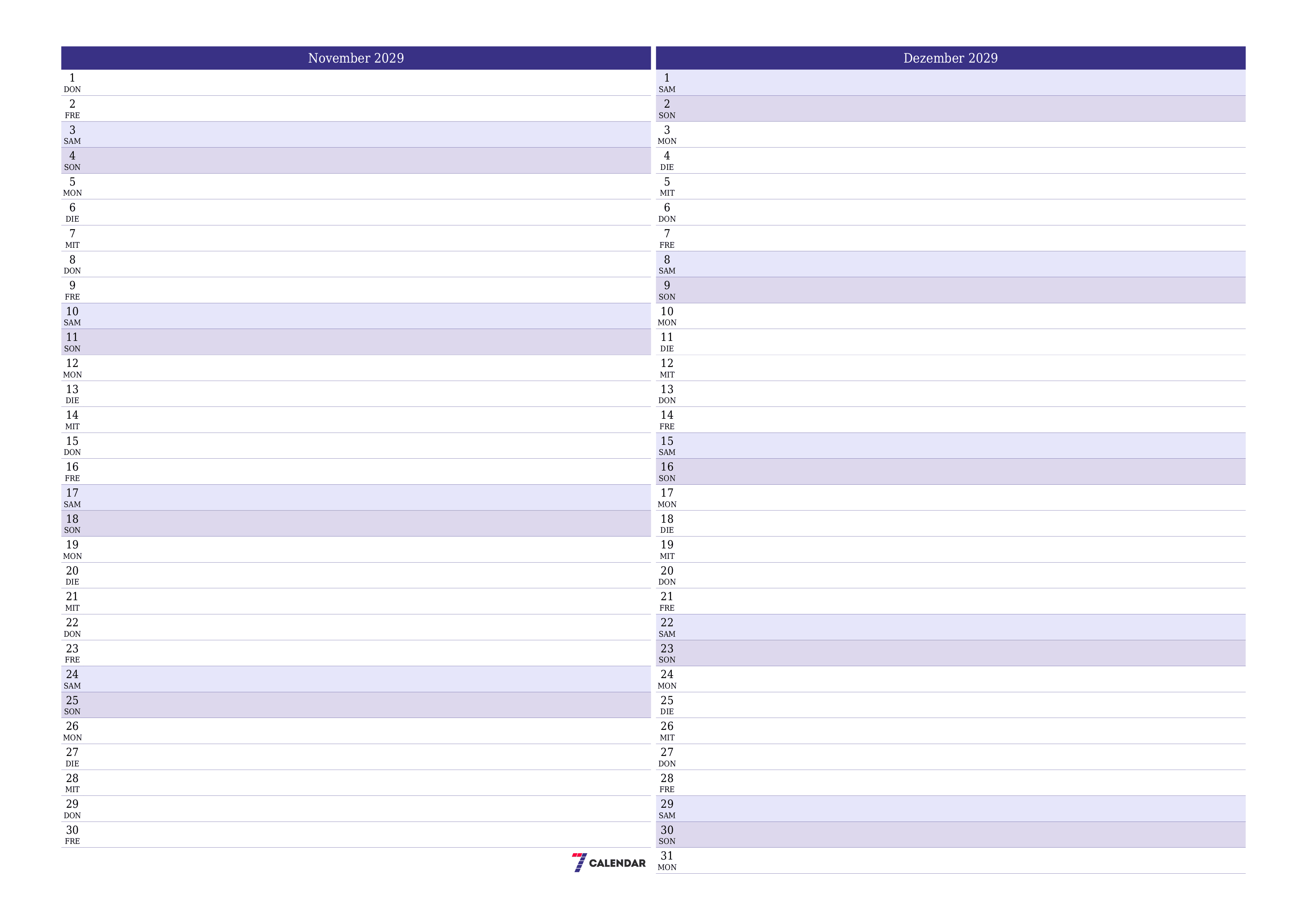 Monatsplaner für Monat November 2029 mit Notizen leeren, speichern und als PDF PNG German - 7calendar.com drucken