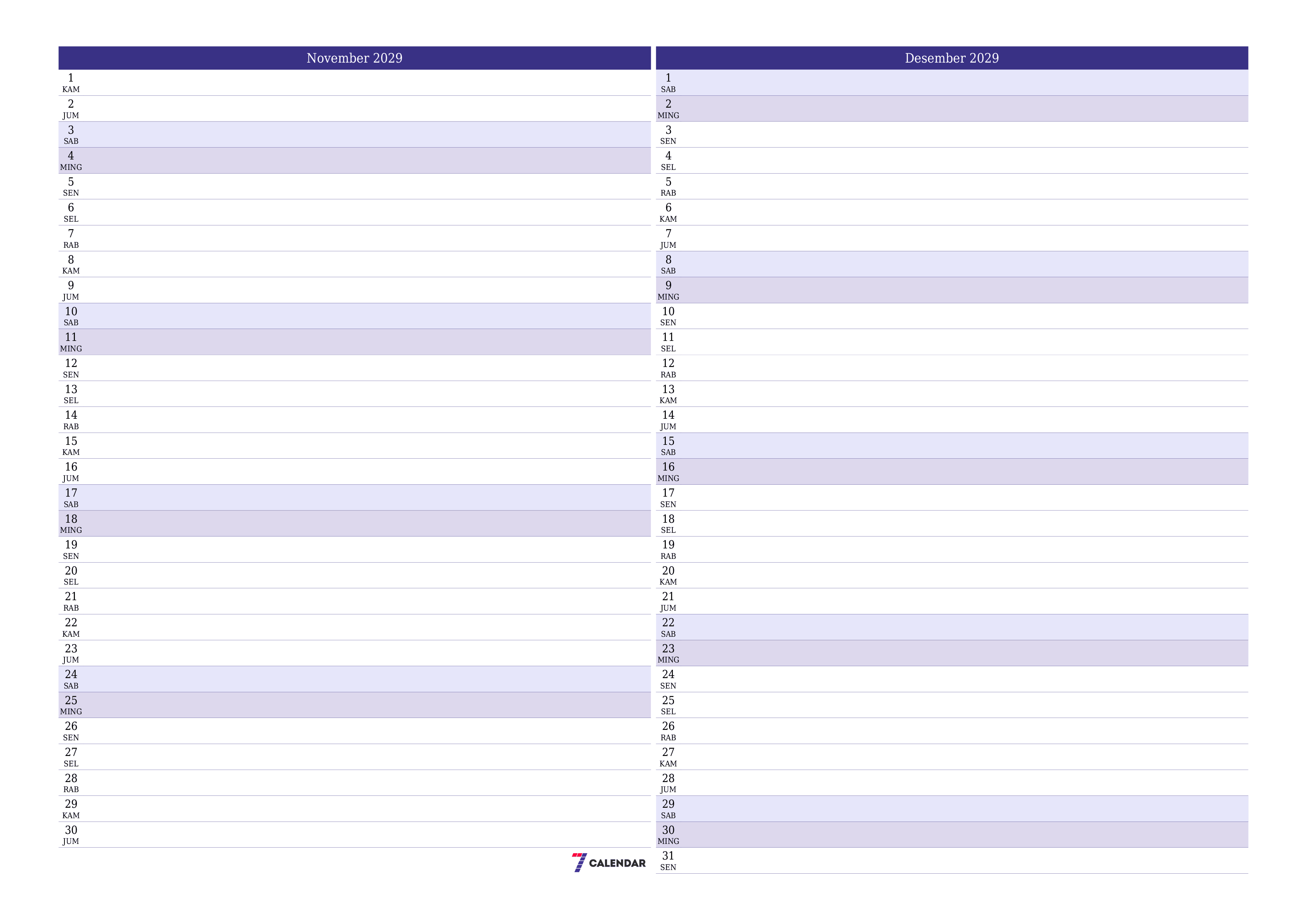 Kosongkan agenda bulanan untuk bulan November 2029 dengan catatan, simpan dan cetak ke PDF PNG Indonesian