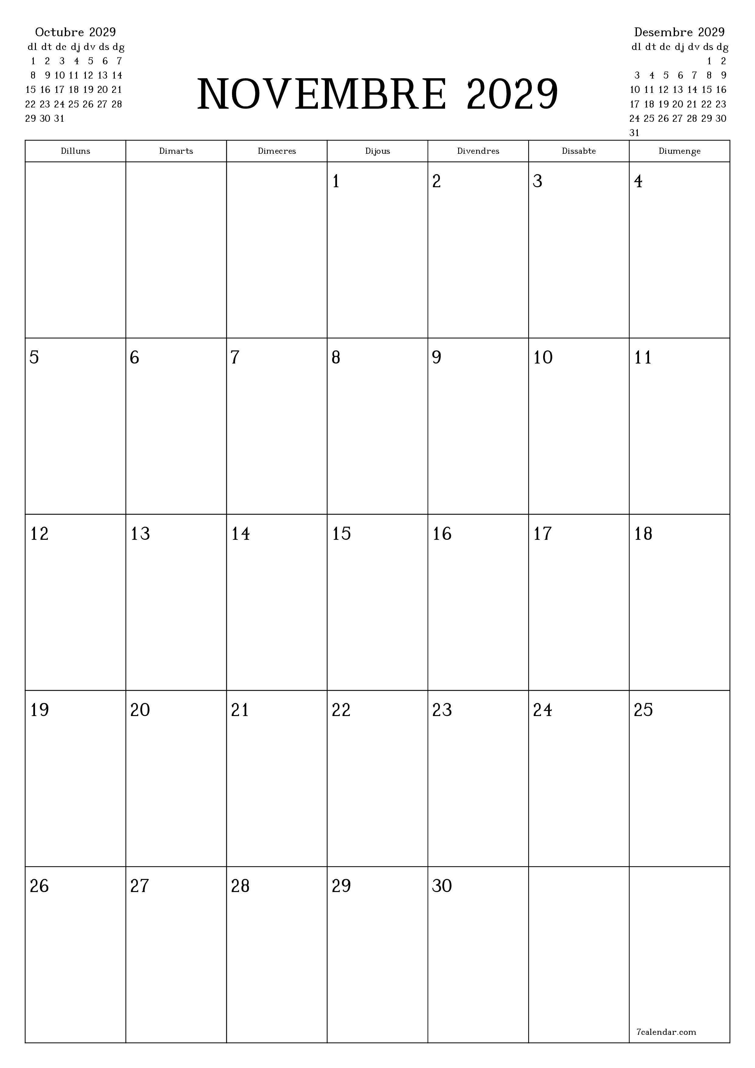  imprimible de paret plantilla de gratuïtvertical Mensual planificador calendari Novembre (Nov) 2029
