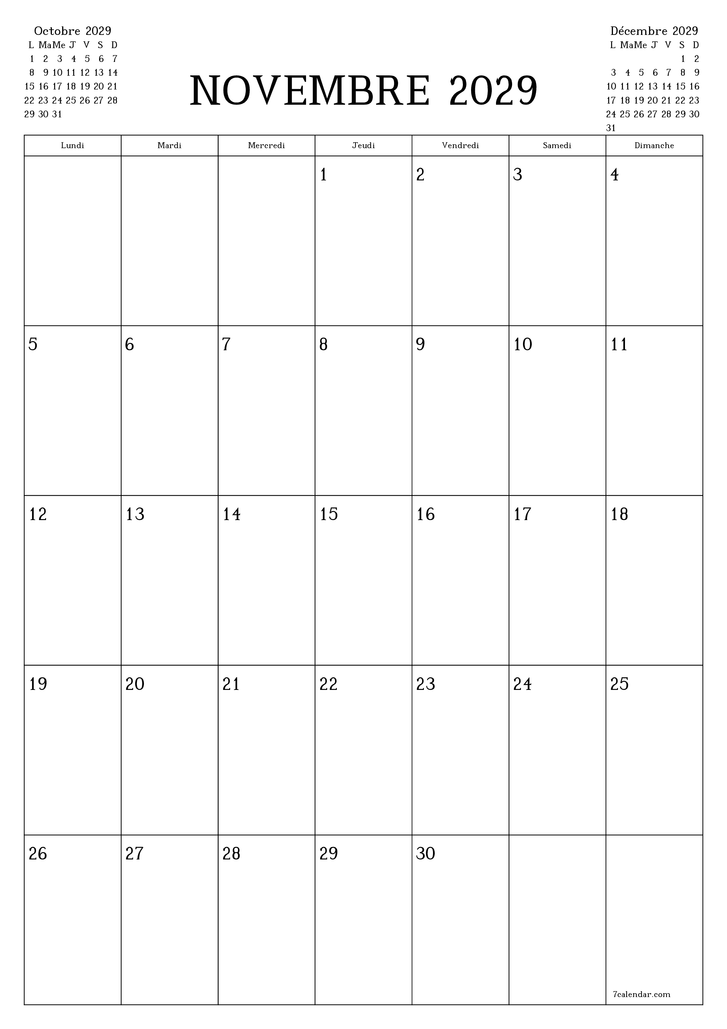 imprimable mural modèle de gratuitverticale Mensuel planificateur calendrier Novembre (Nov) 2029