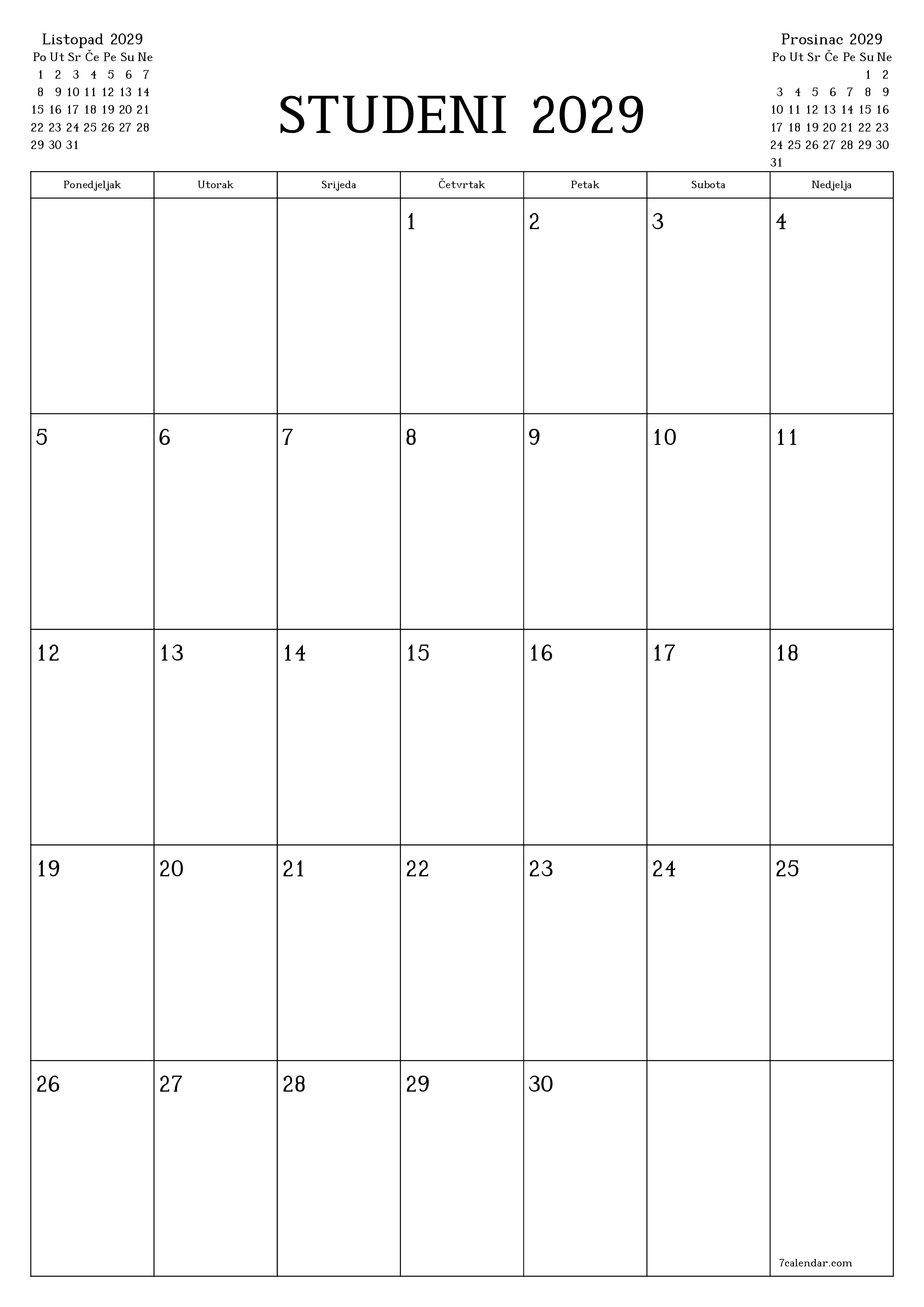  za ispis zidni predložak a besplatni okomito Mjesečni planer kalendar Studeni (Stu) 2029