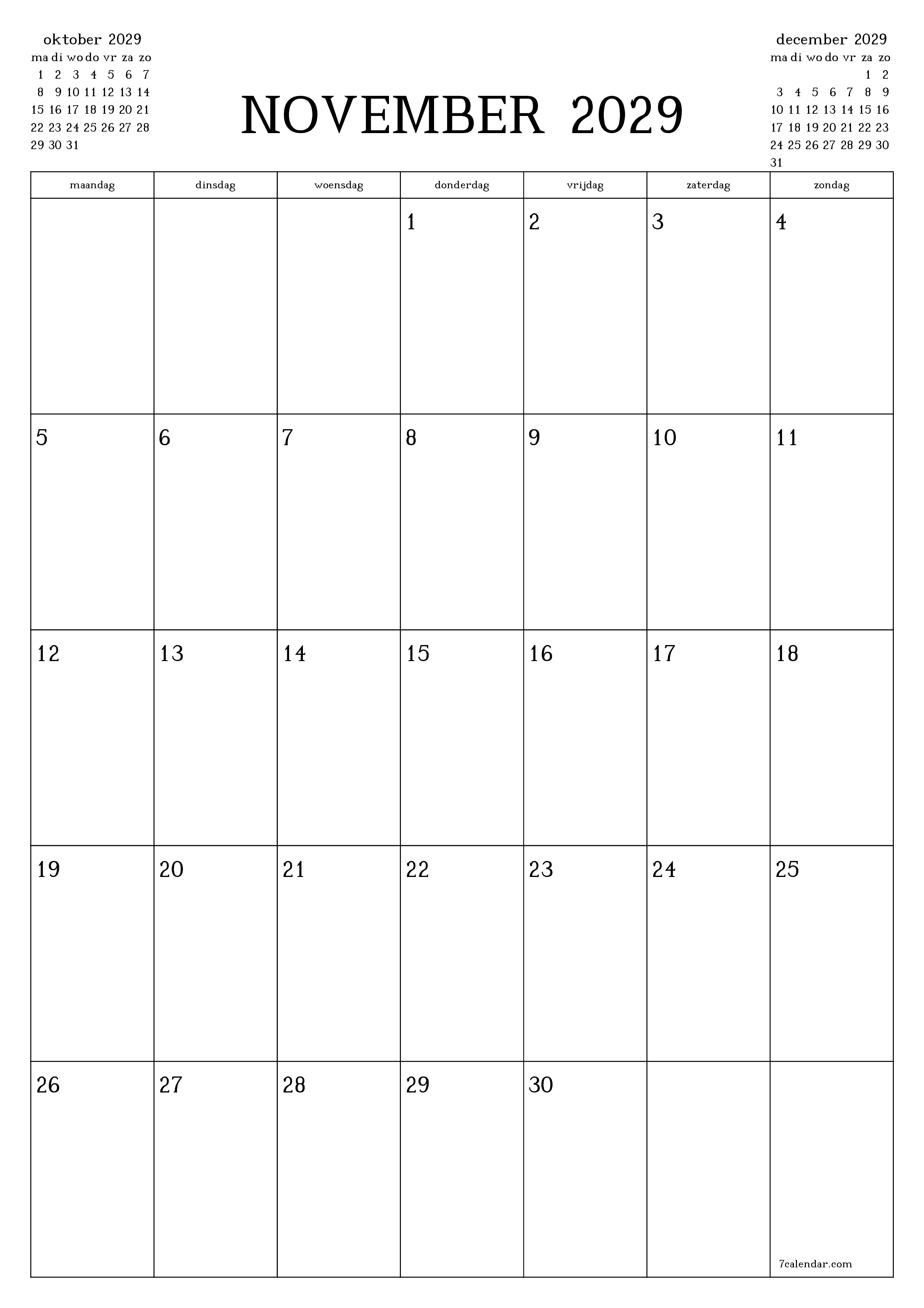 afdrukbare muur sjabloon gratis verticaal Maandelijks planner kalender november (nov) 2029