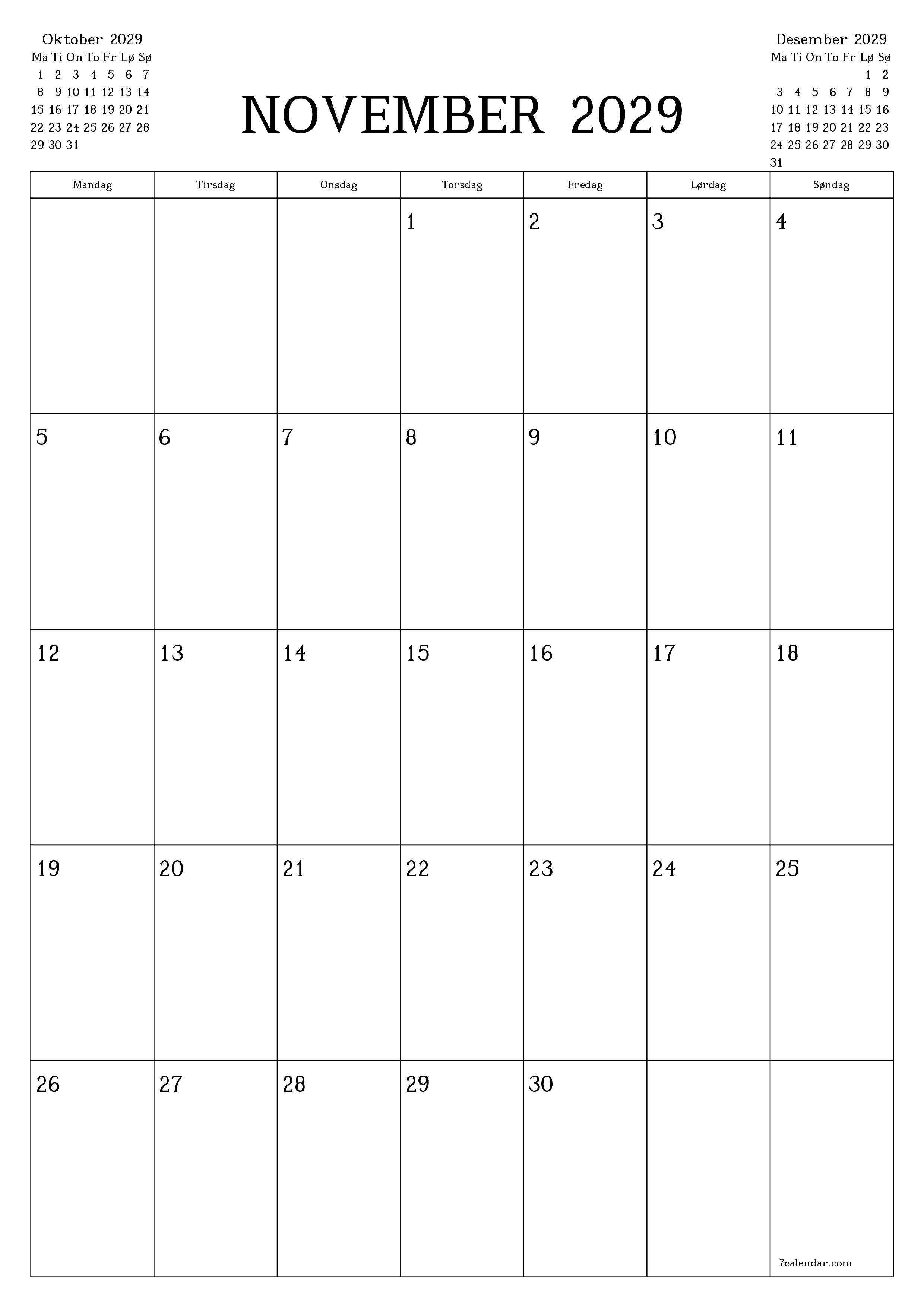 utskrivbar vegg mal gratis vertikal Månedlig planlegger kalender November (Nov) 2029