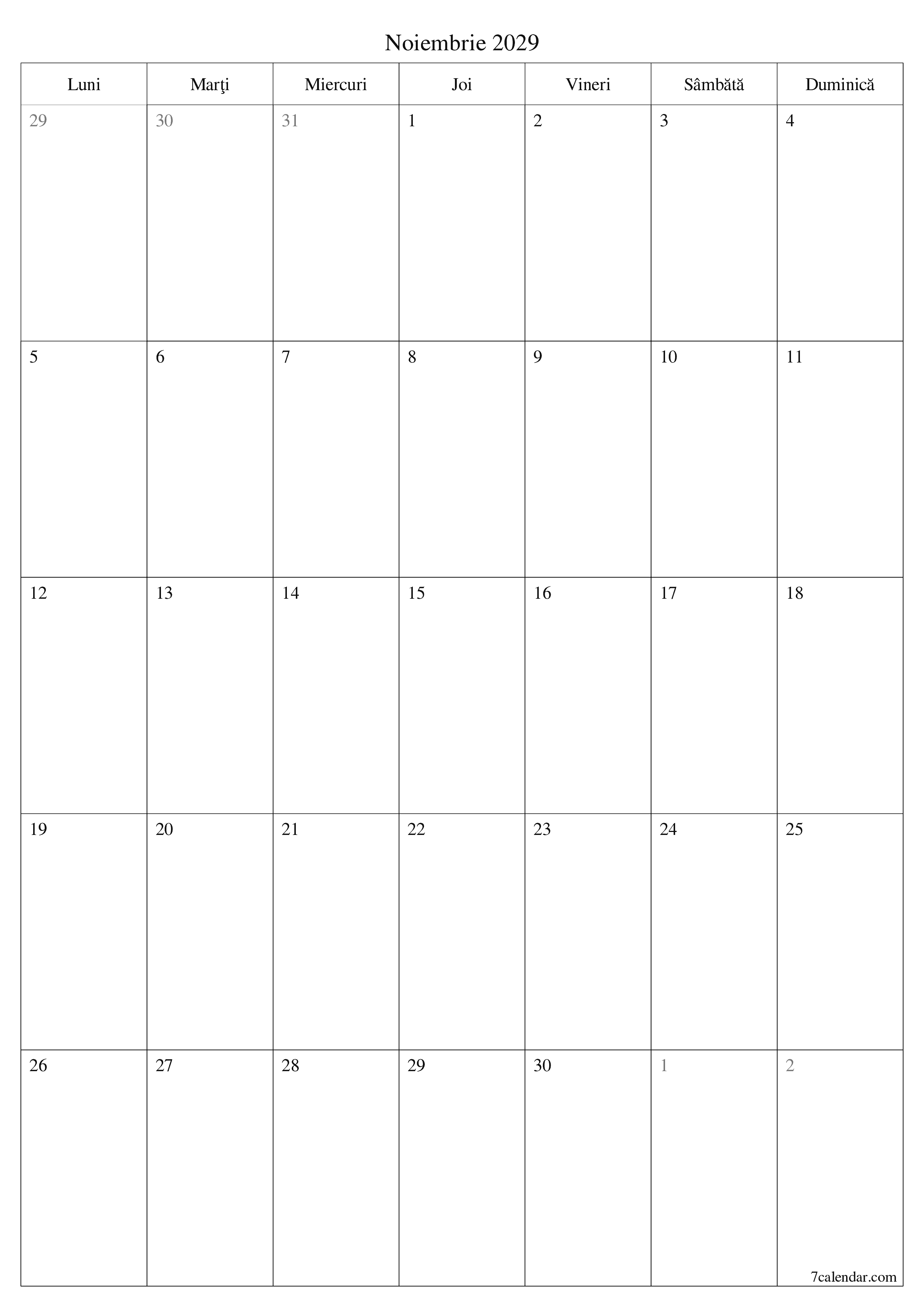  imprimabil de perete șablon de gratuitvertical Lunar planificator calendar Noiembrie (Nov) 2029