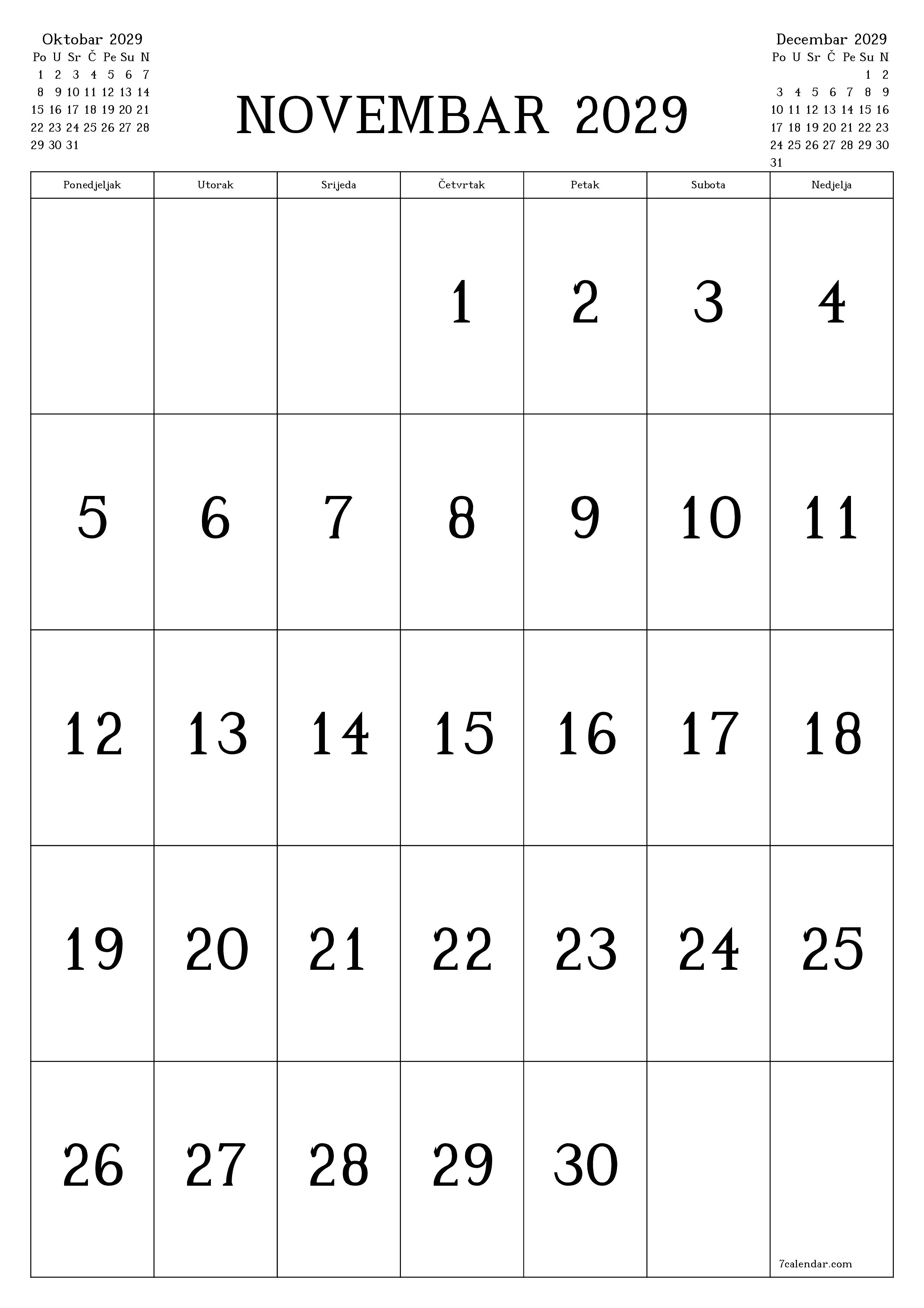  za štampanje zidni šablon a besplatni vertikalno Mjesečno kalendar Novembar (Nov) 2029