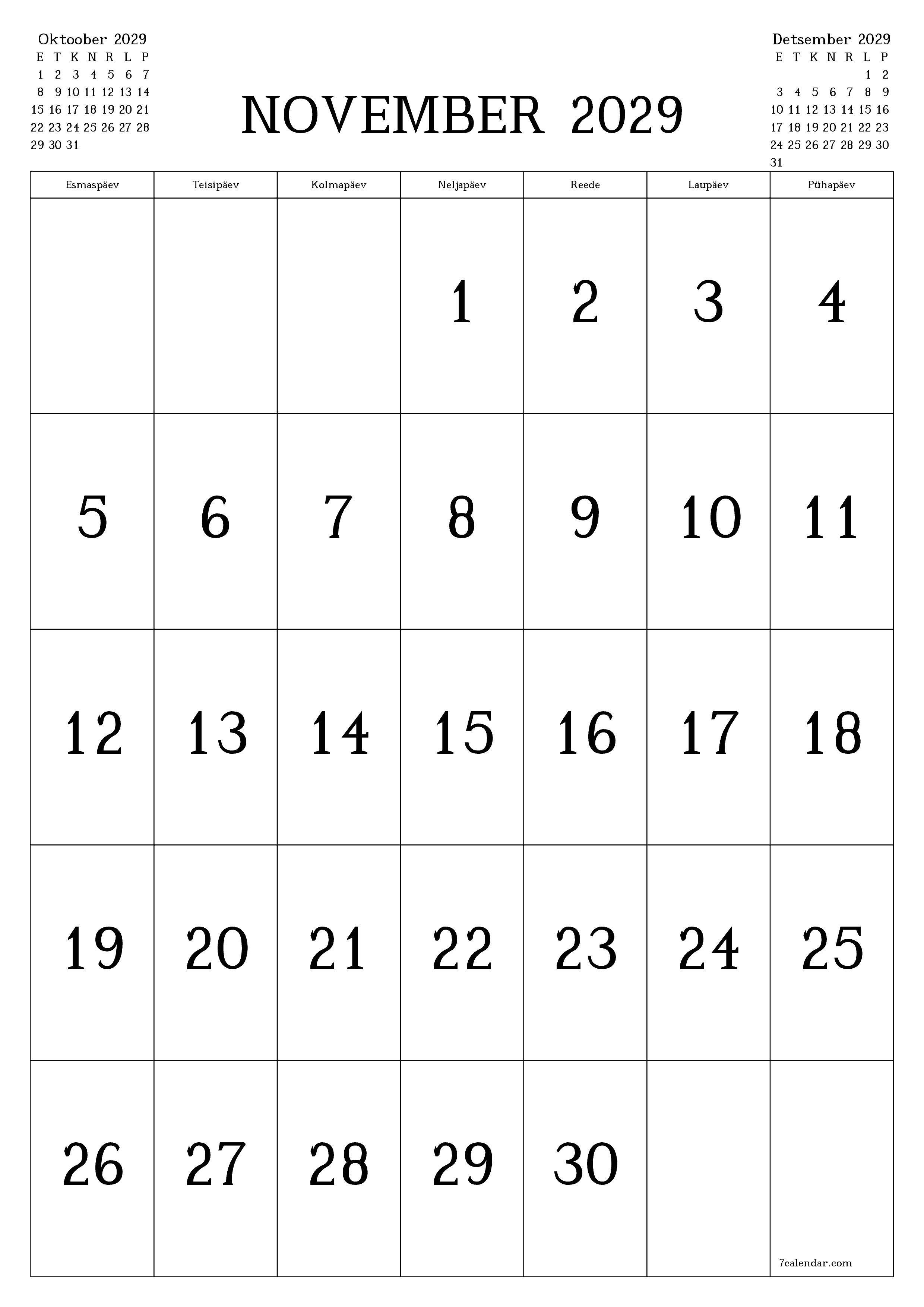 prinditav seina kalendri mall tasuta vertikaalne Igakuine kalender November (Nov) 2029