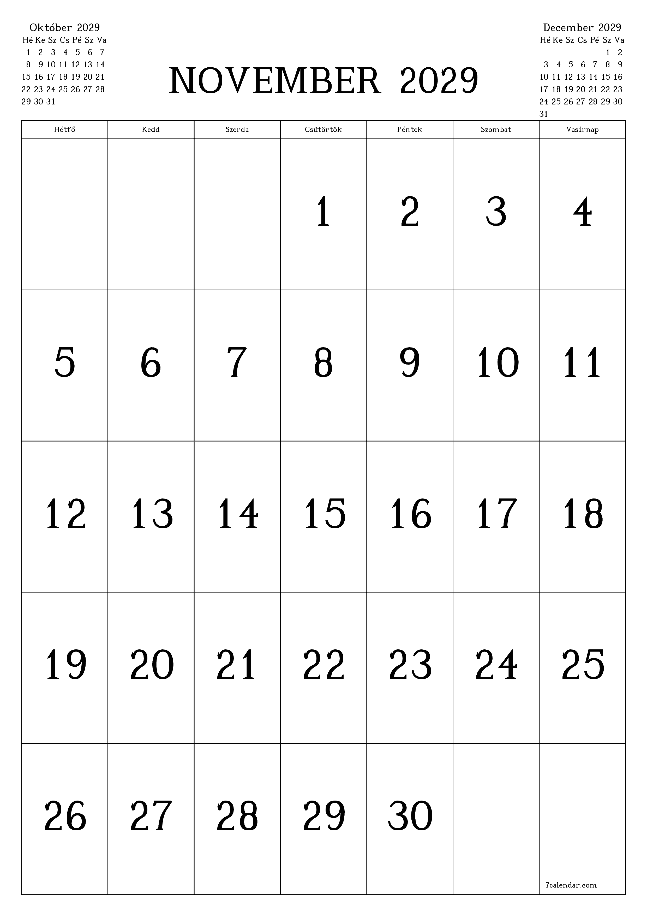 nyomtatható fali sablon ingyenes függőleges Havi naptár November (Nov) 2029
