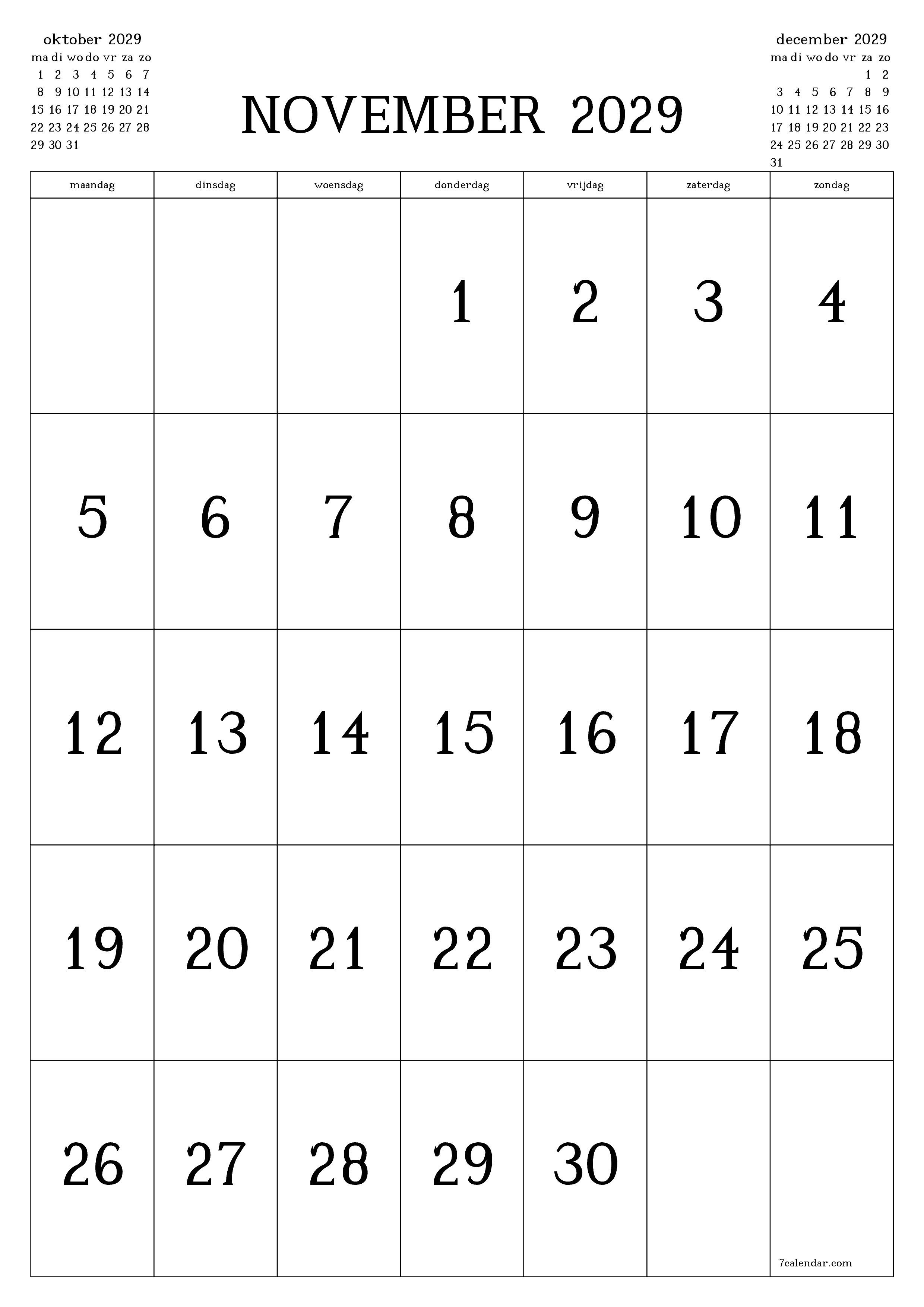 afdrukbare muur sjabloon gratis verticaal Maandelijks kalender november (nov) 2029