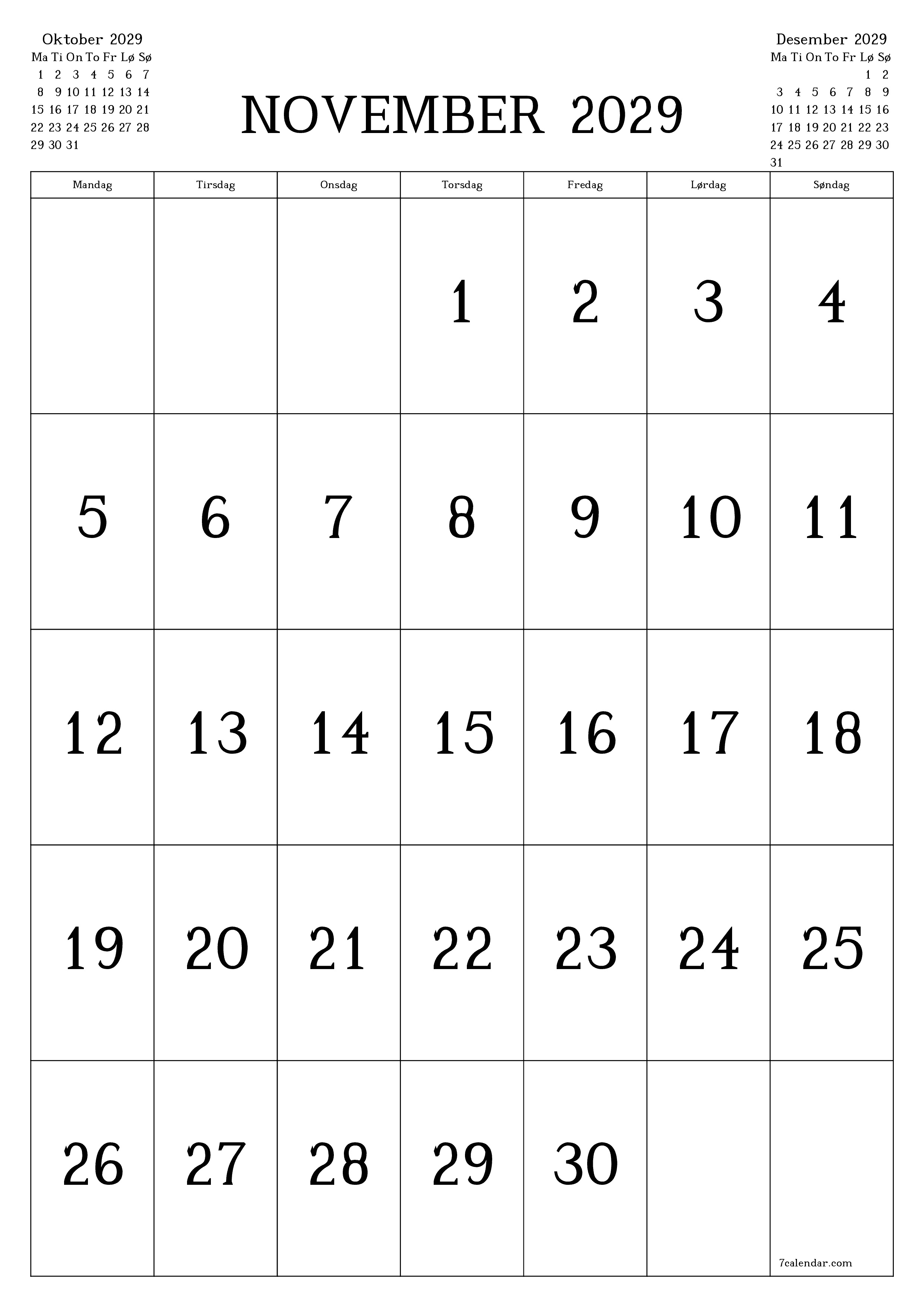 utskrivbar vegg mal gratis vertikal Månedlig kalender November (Nov) 2029