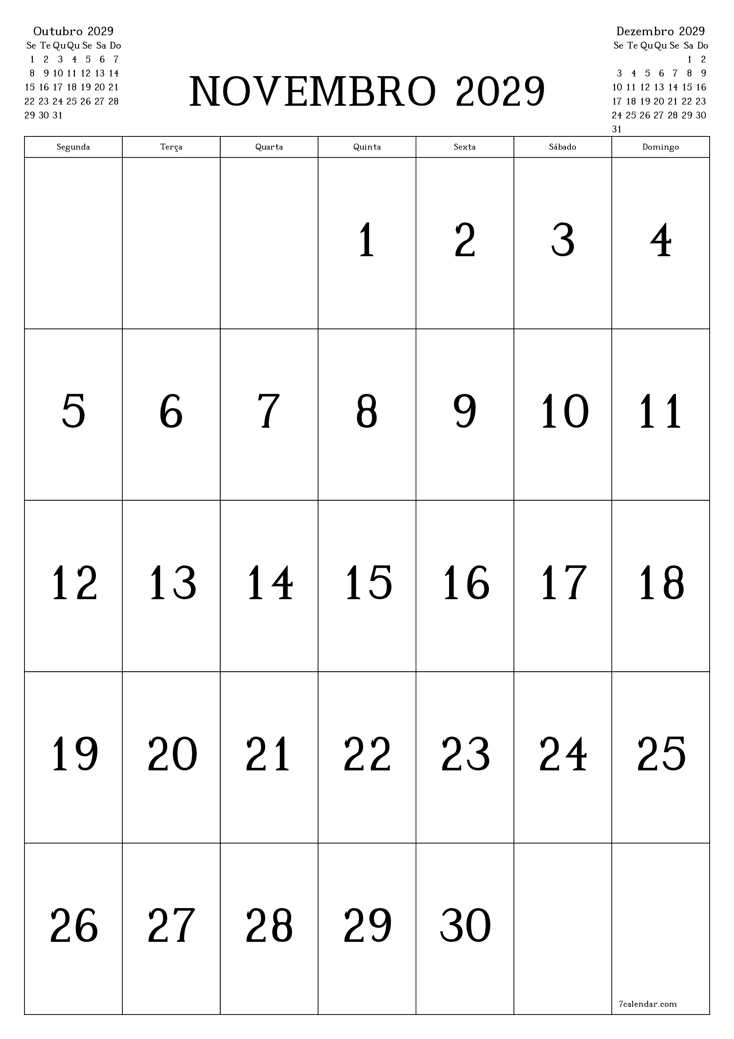  para impressão de parede modelo de grátisvertical Mensal calendário Novembro (Nov) 2029