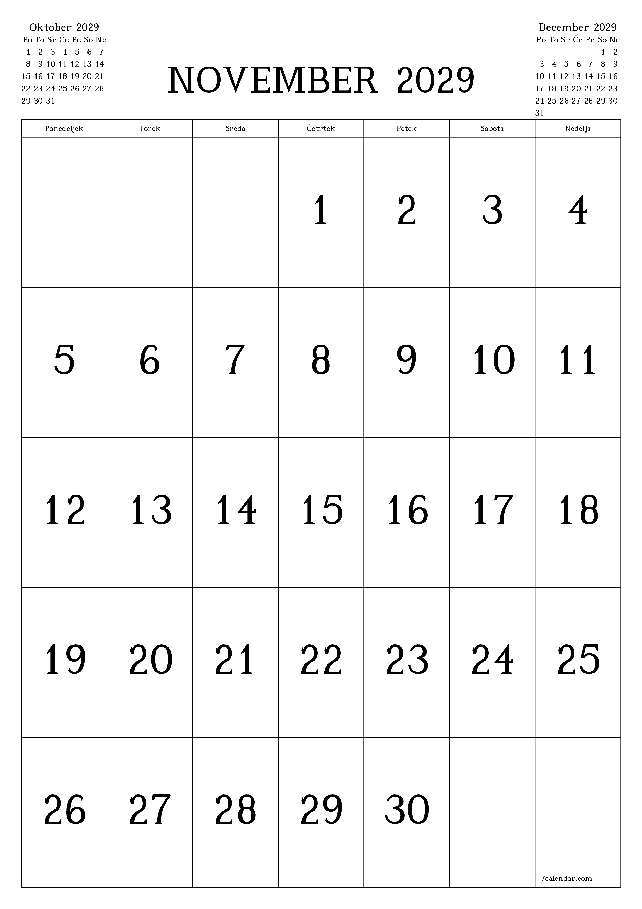 natisljiv stenski ska predloga brezplačni vertical Mesečno koledar November (Nov) 2029