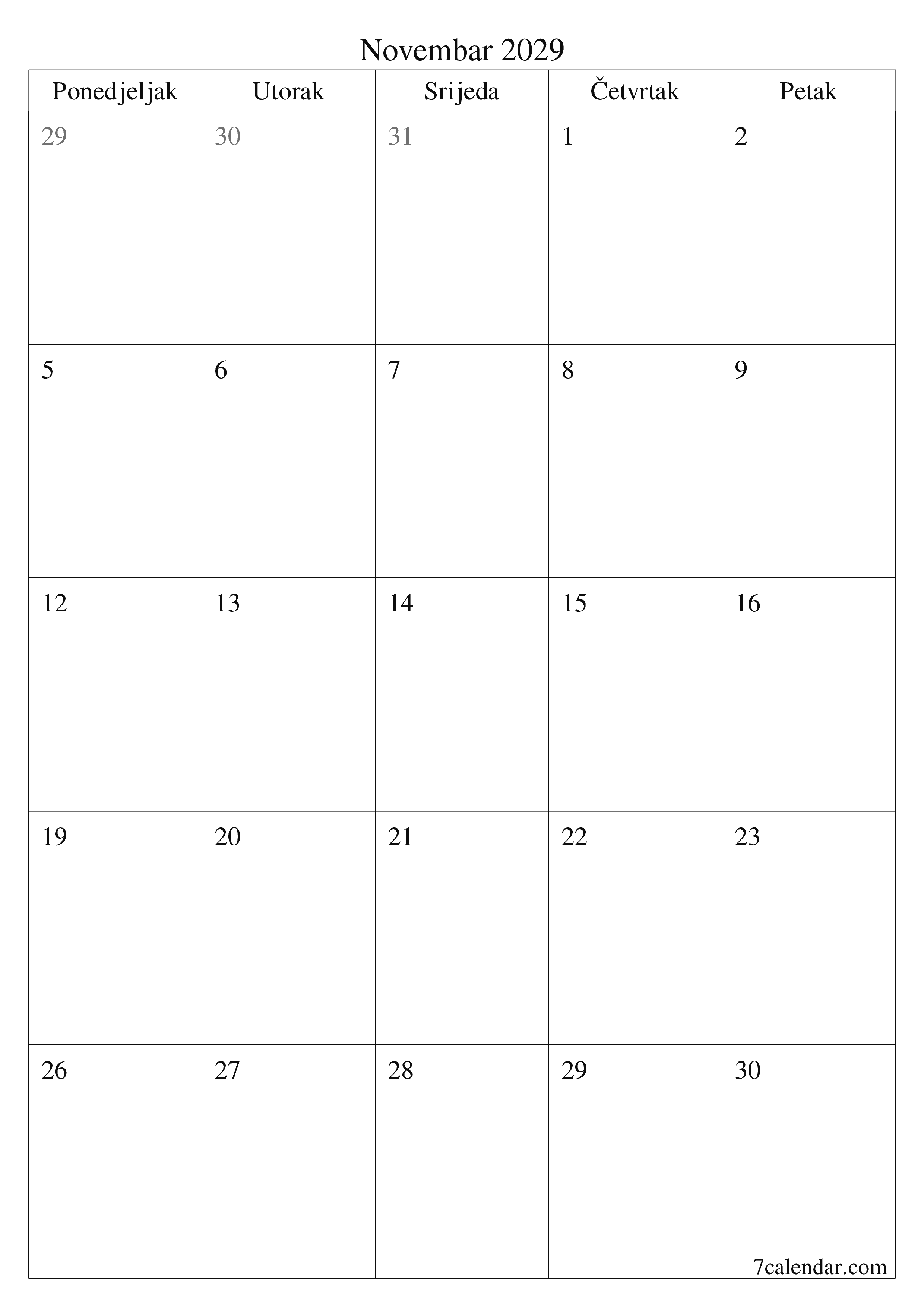  za štampanje zidni šablon a besplatni vertikalno Mjesečno planer kalendar Novembar (Nov) 2029