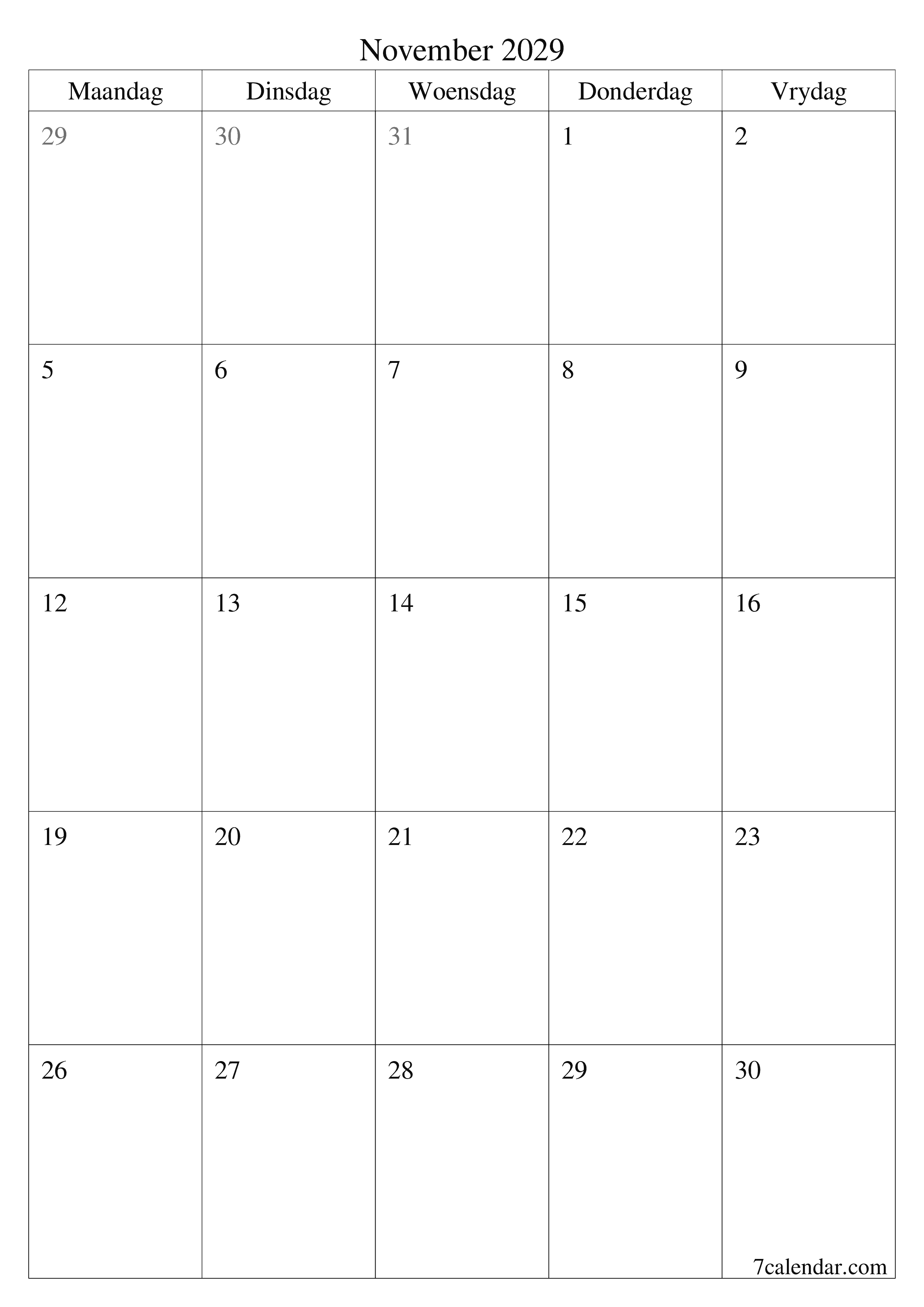 drukbare muur template gratis vertikaal Maandeliks beplanner kalender November (Nov) 2029