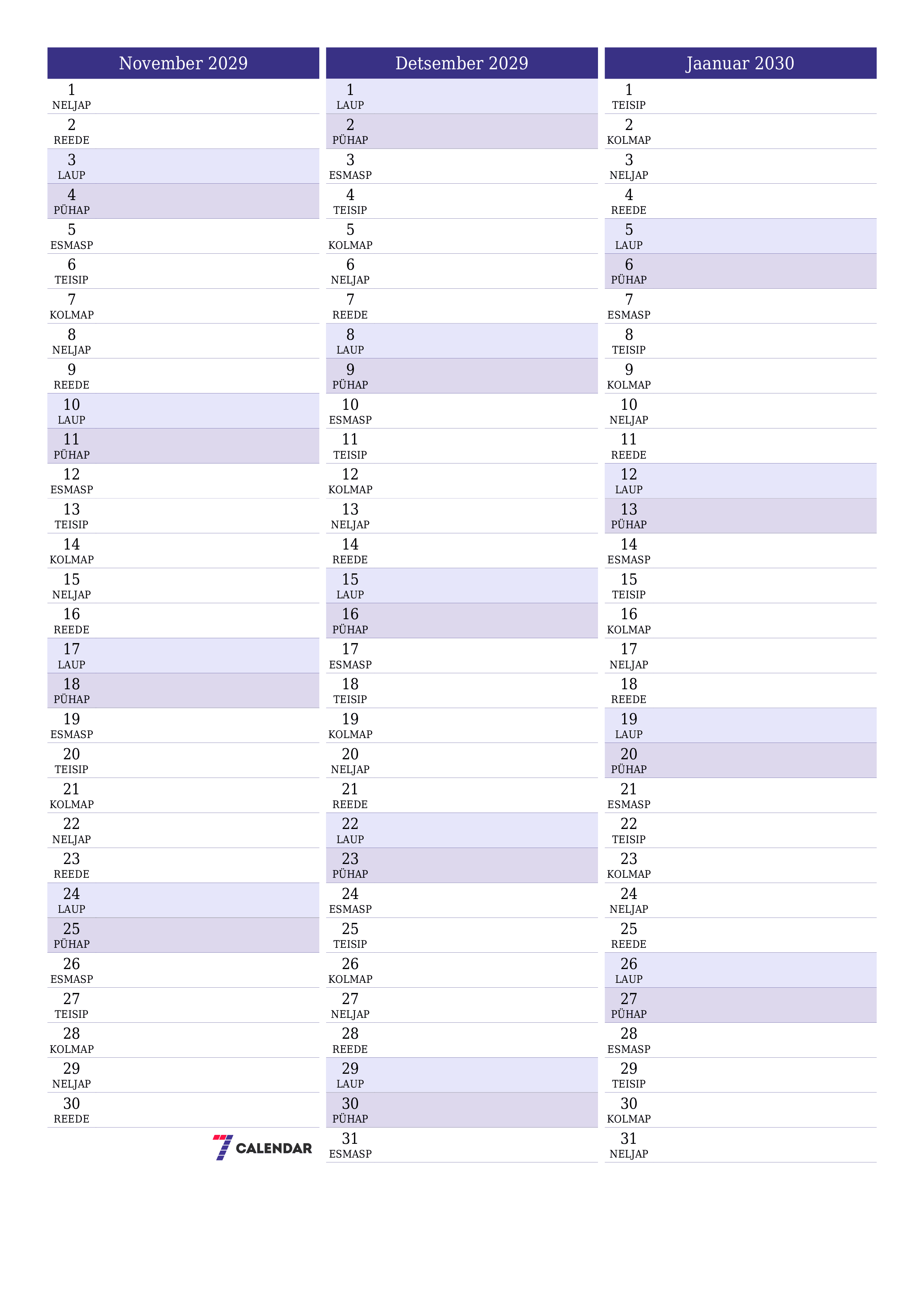 Tühjendage kuu November 2029 kuuplaneerija märkmetega, salvestage ja printige PDF-i PNG Estonian
