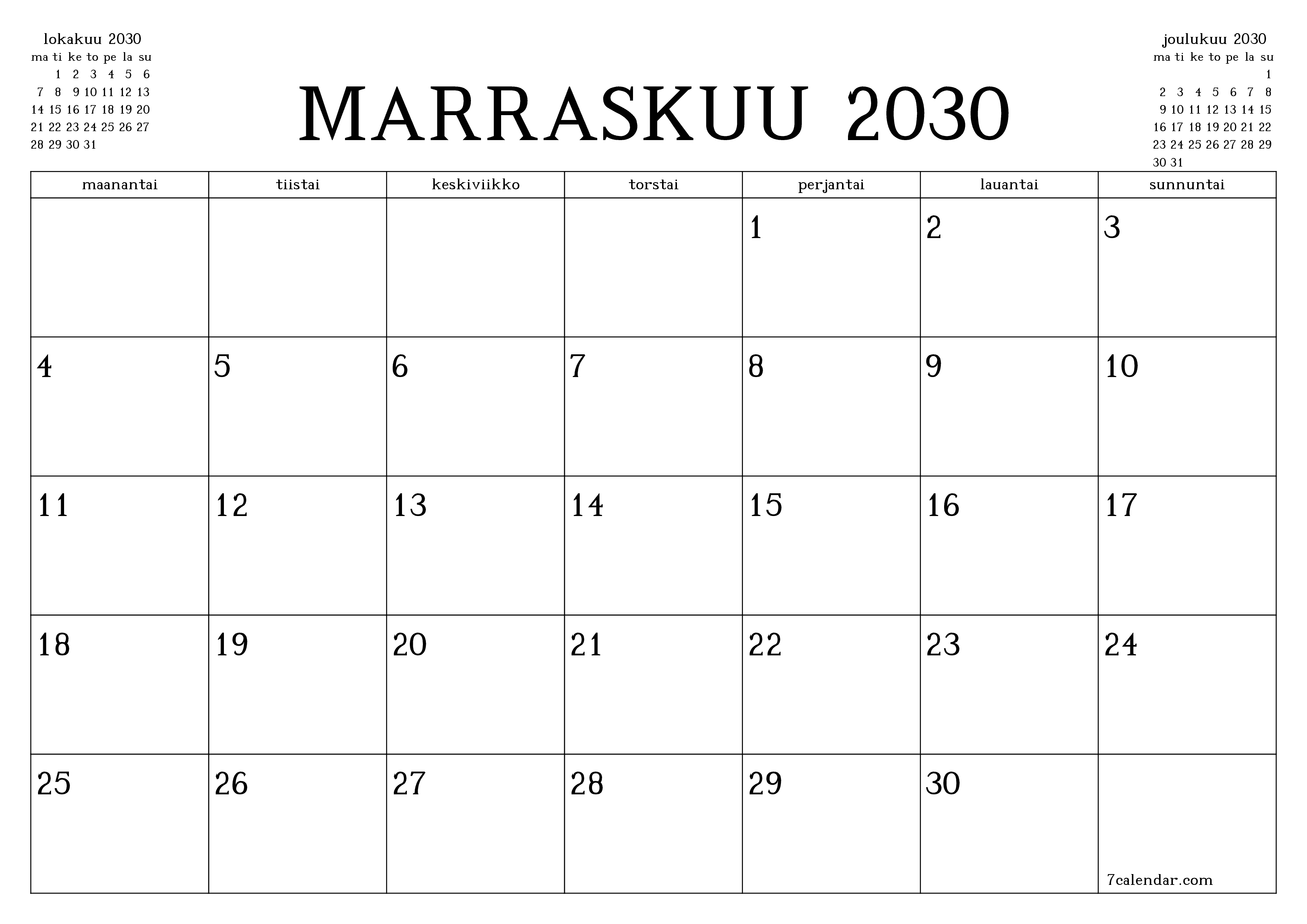 Tyhjennä kuukausittainen suunnittelija kuukaudelle Marraskuu 2030 muistiinpanoilla, tallenna ja tulosta PDF-muotoon PNG Finnish