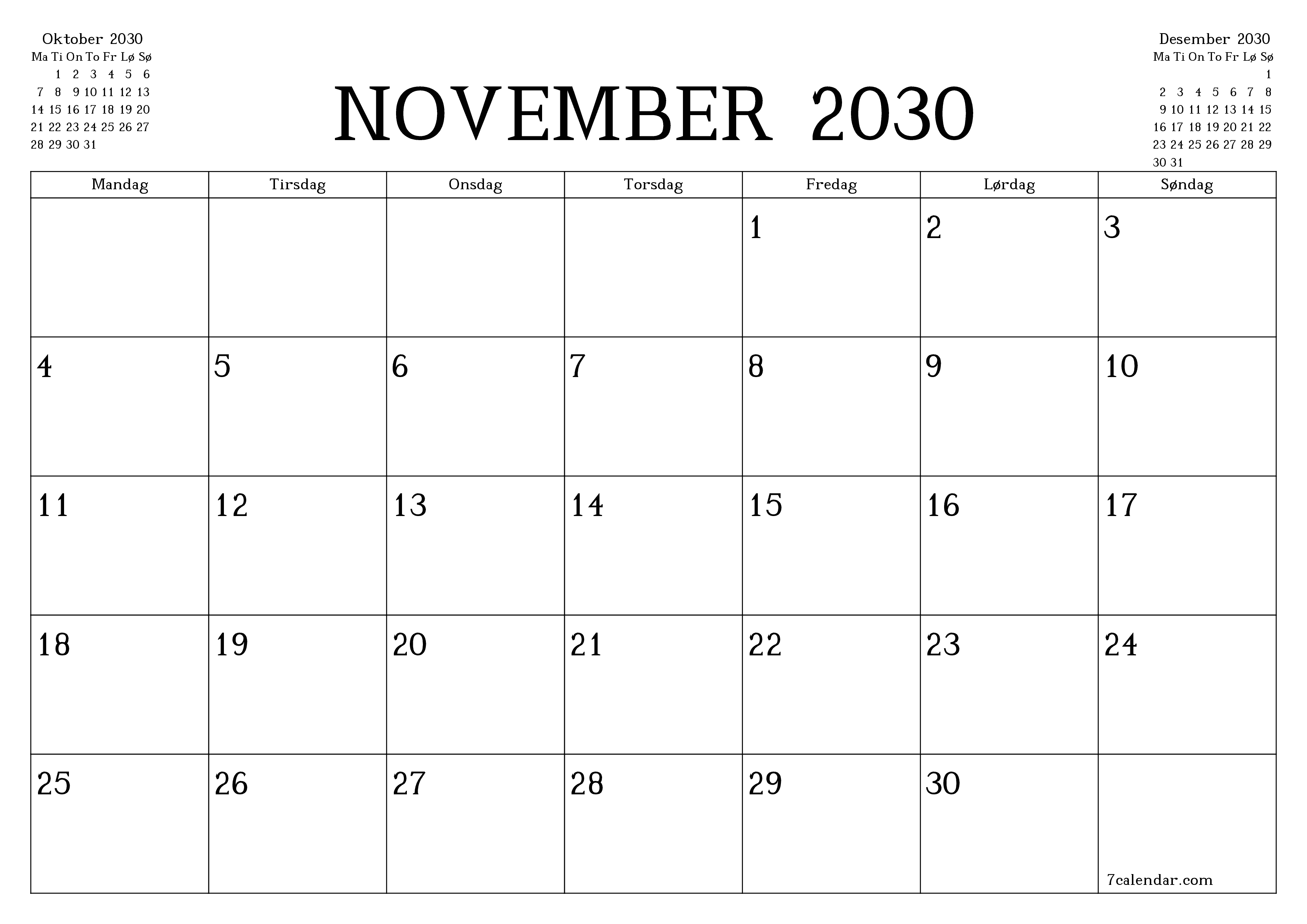 Tom månedlig planlegger for måned November 2030 med notater, lagre og skriv ut til PDF PNG Norwegian