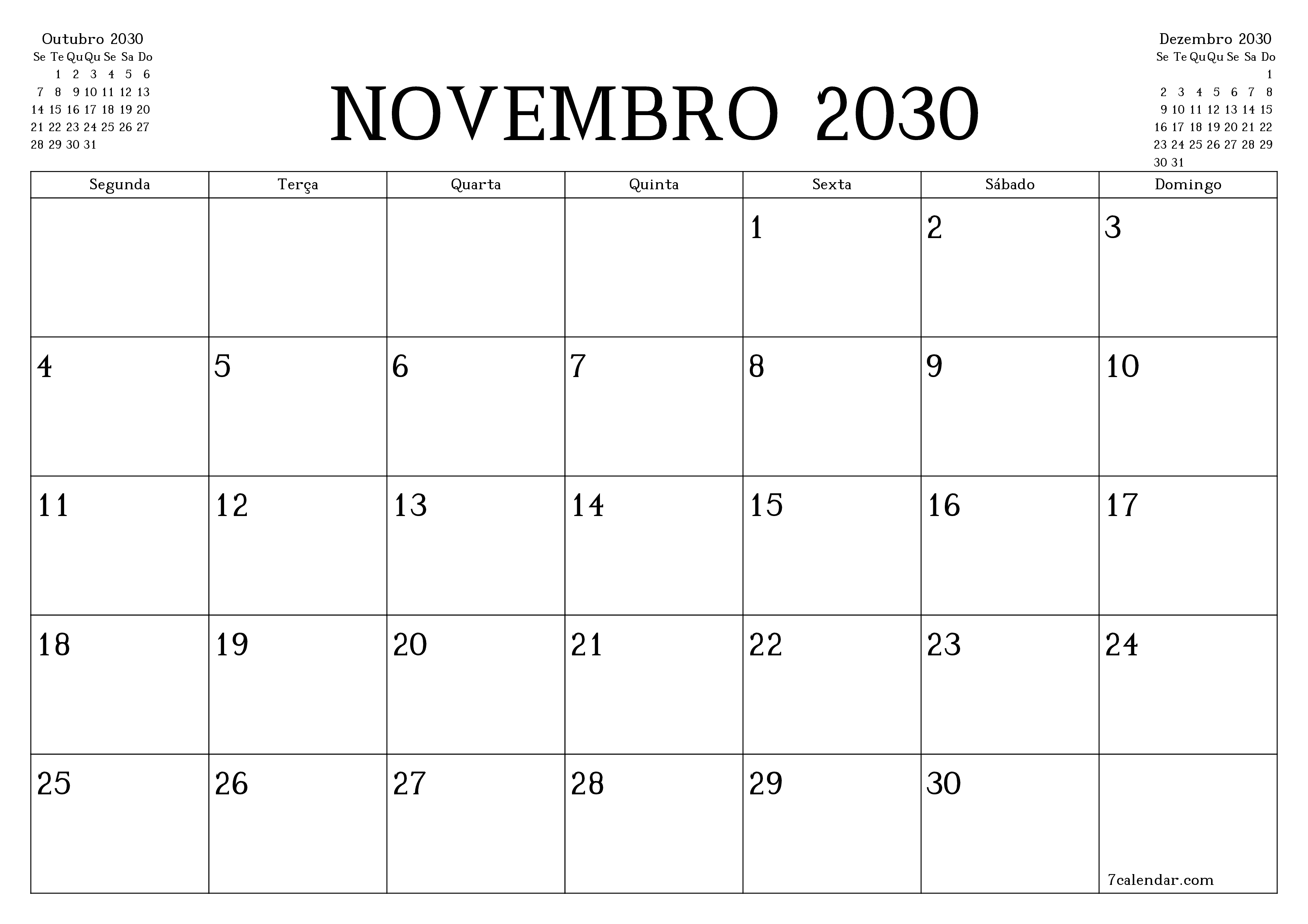 Esvazie o planejador mensal para o mês Novembro 2030 com notas, salve e imprima em PDF PNG Portuguese