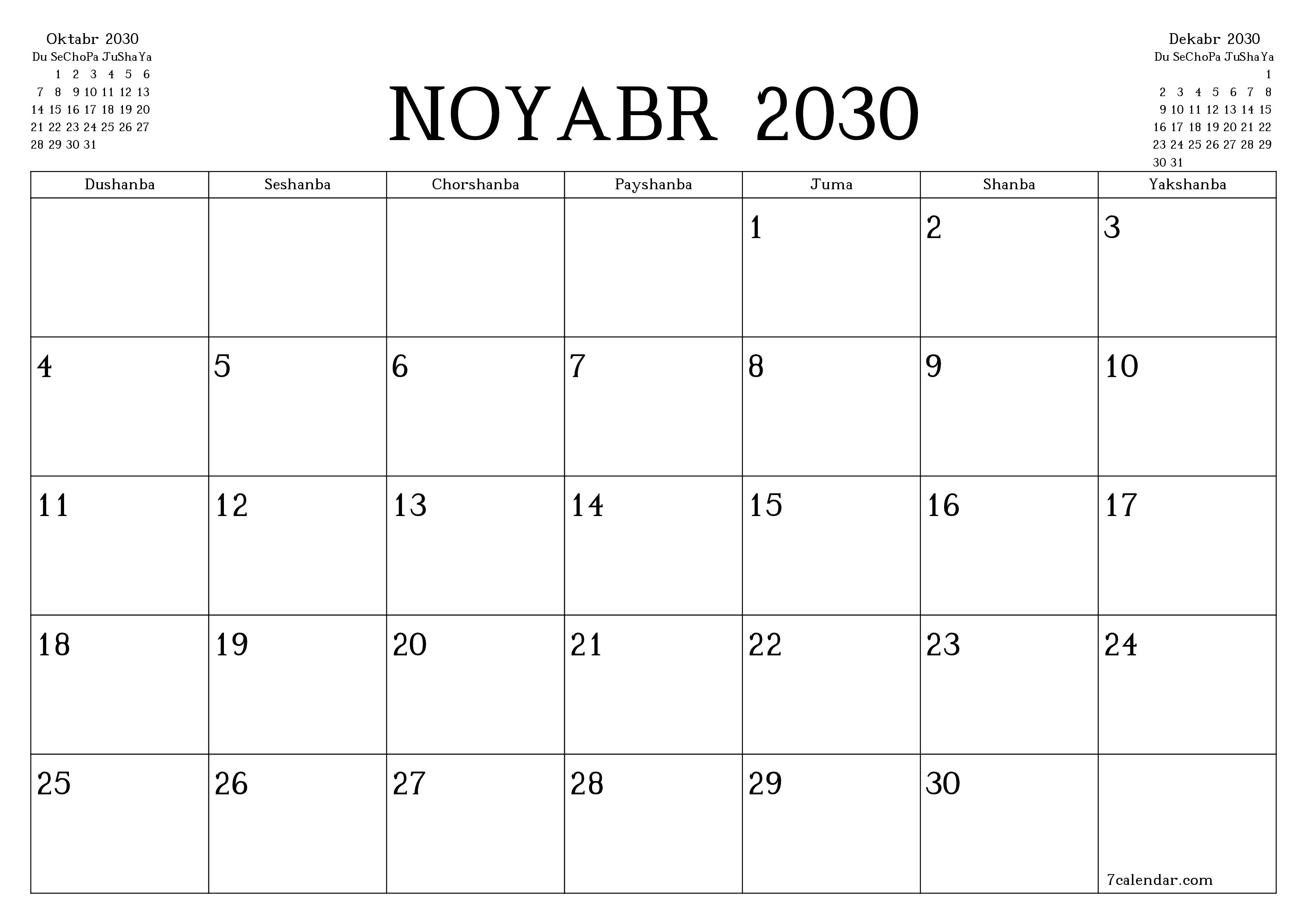 Noyabr 2030 oylik oylik rejalashtiruvchini yozuvlar bilan bo'shatish, saqlash va PDF-ga chop etish PNG Uzbek