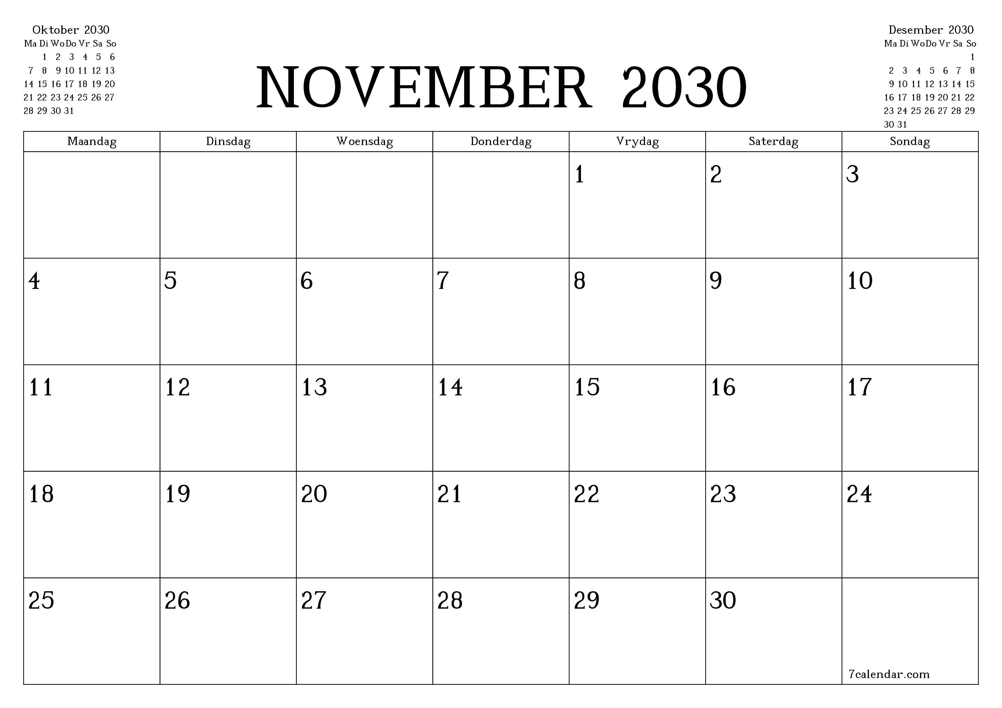Leë maandelikse drukbare kalender en beplanner vir maand November 2030 met notas stoor en druk na PDF PNG Afrikaans