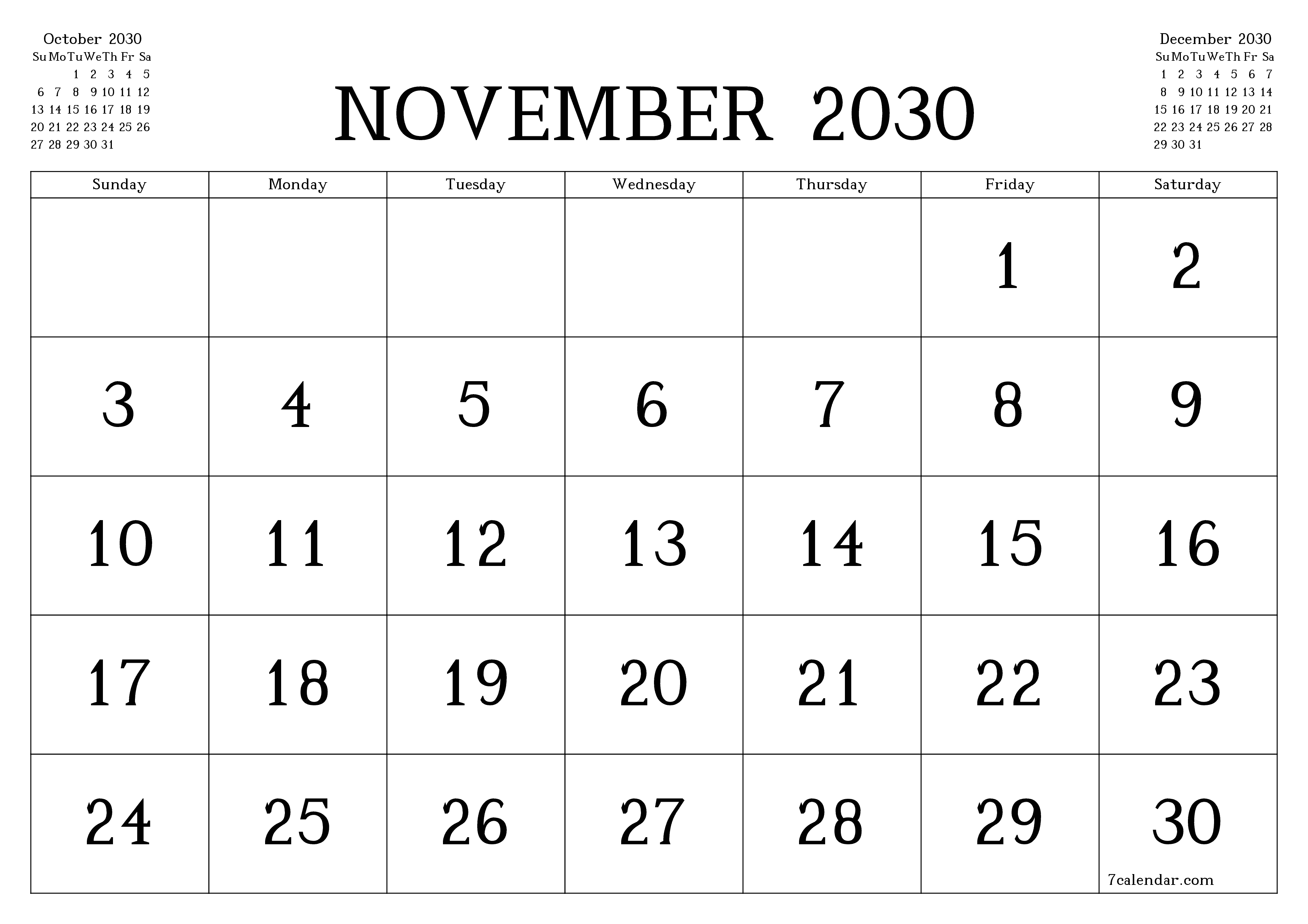 Blank calendar November 2030