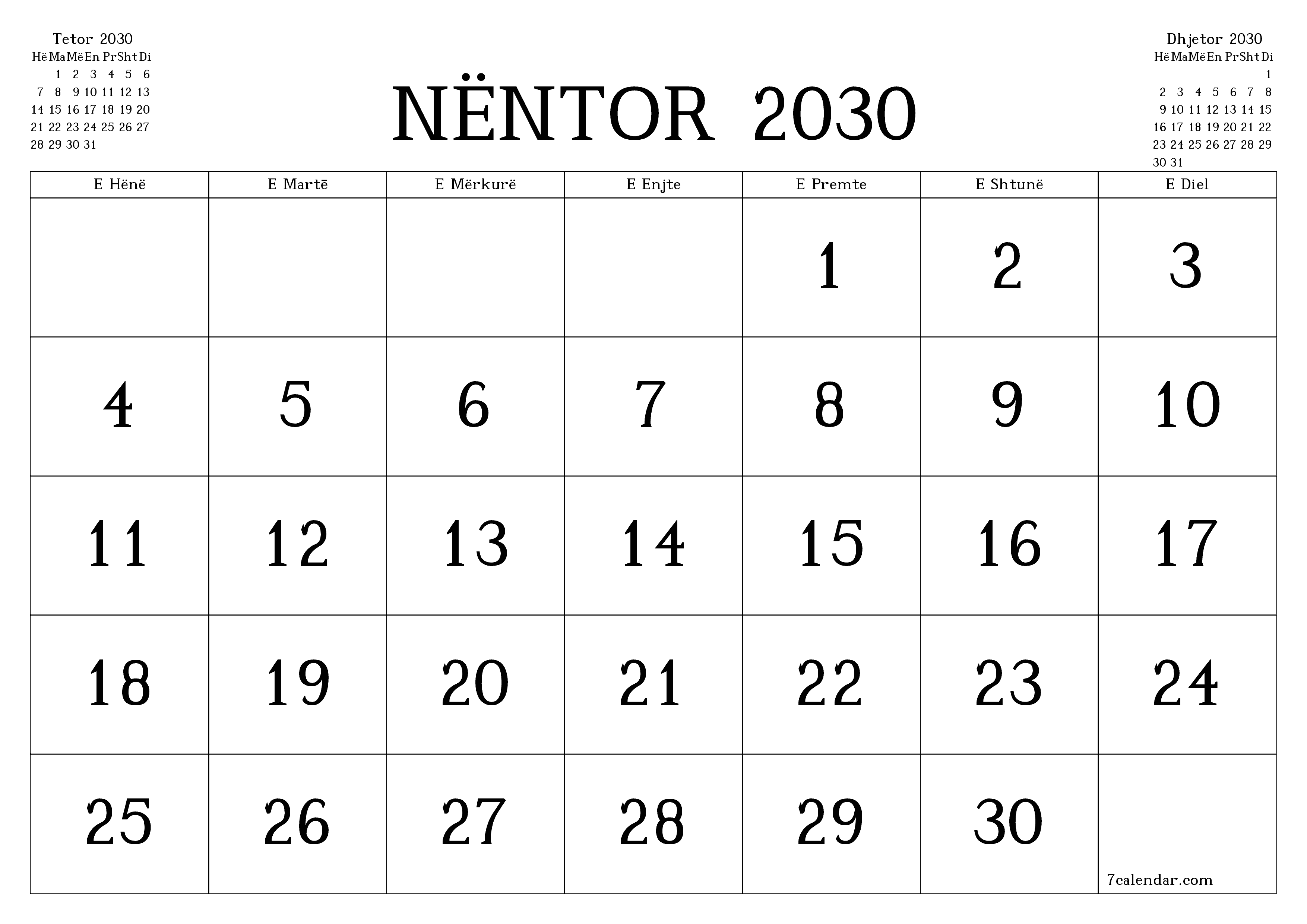 Planifikuesi i zbrazët i kalendarit mujor për muajin Nëntor 2030 me shënime të ruajtura dhe të printuara në PDF PNG Albanian