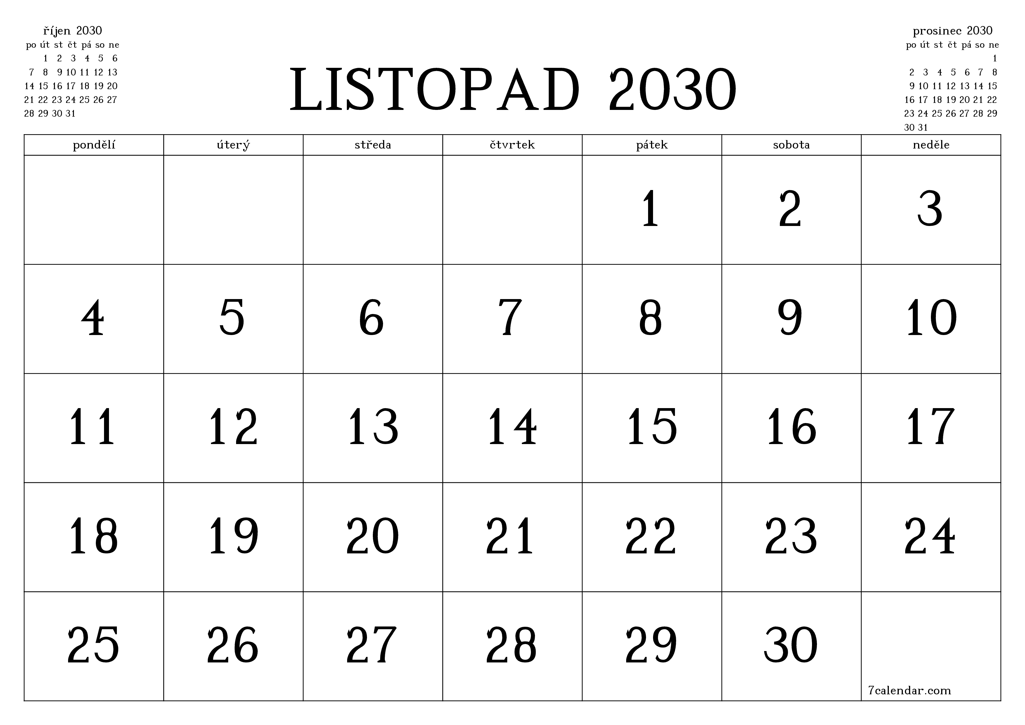 Vyprázdnit měsíční plánovač na měsíc listopad 2030 s poznámkami, uložit a vytisknout do PDF PNG Czech