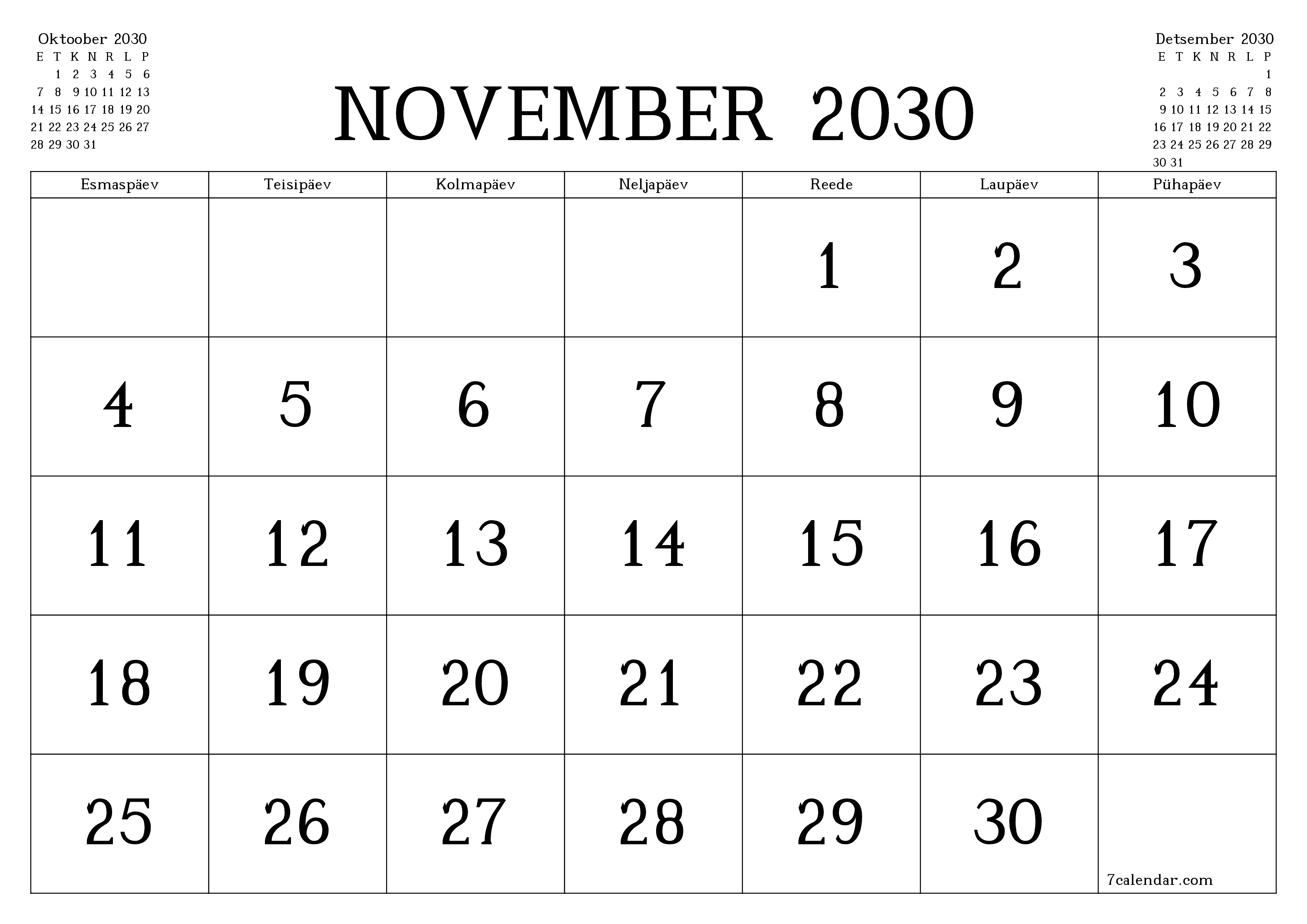Tühjendage kuu November 2030 kuuplaneerija märkmetega, salvestage ja printige PDF-i PNG Estonian