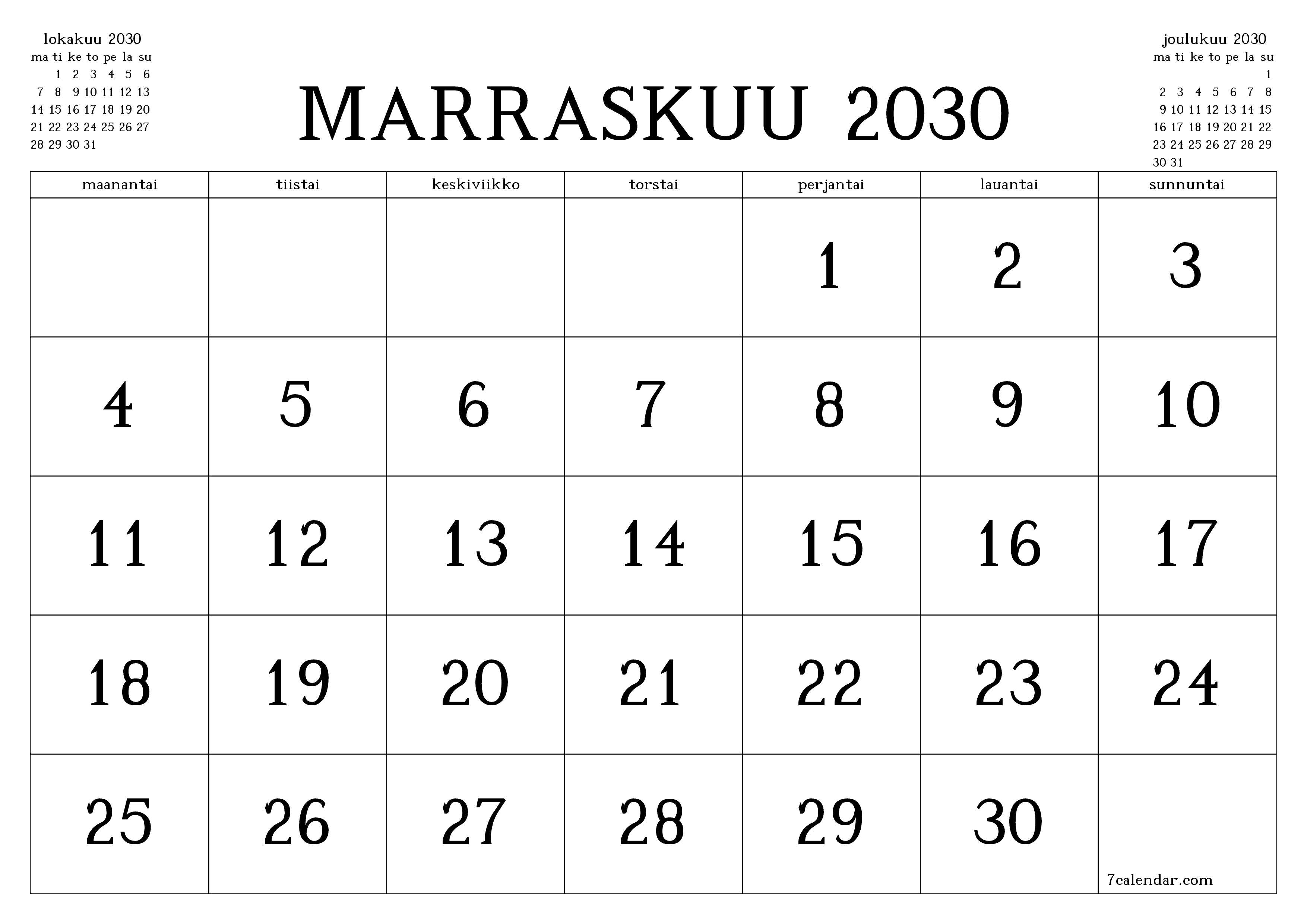 Tyhjennä kuukausittainen suunnittelija kuukaudelle Marraskuu 2030 muistiinpanoilla, tallenna ja tulosta PDF-muotoon PNG Finnish