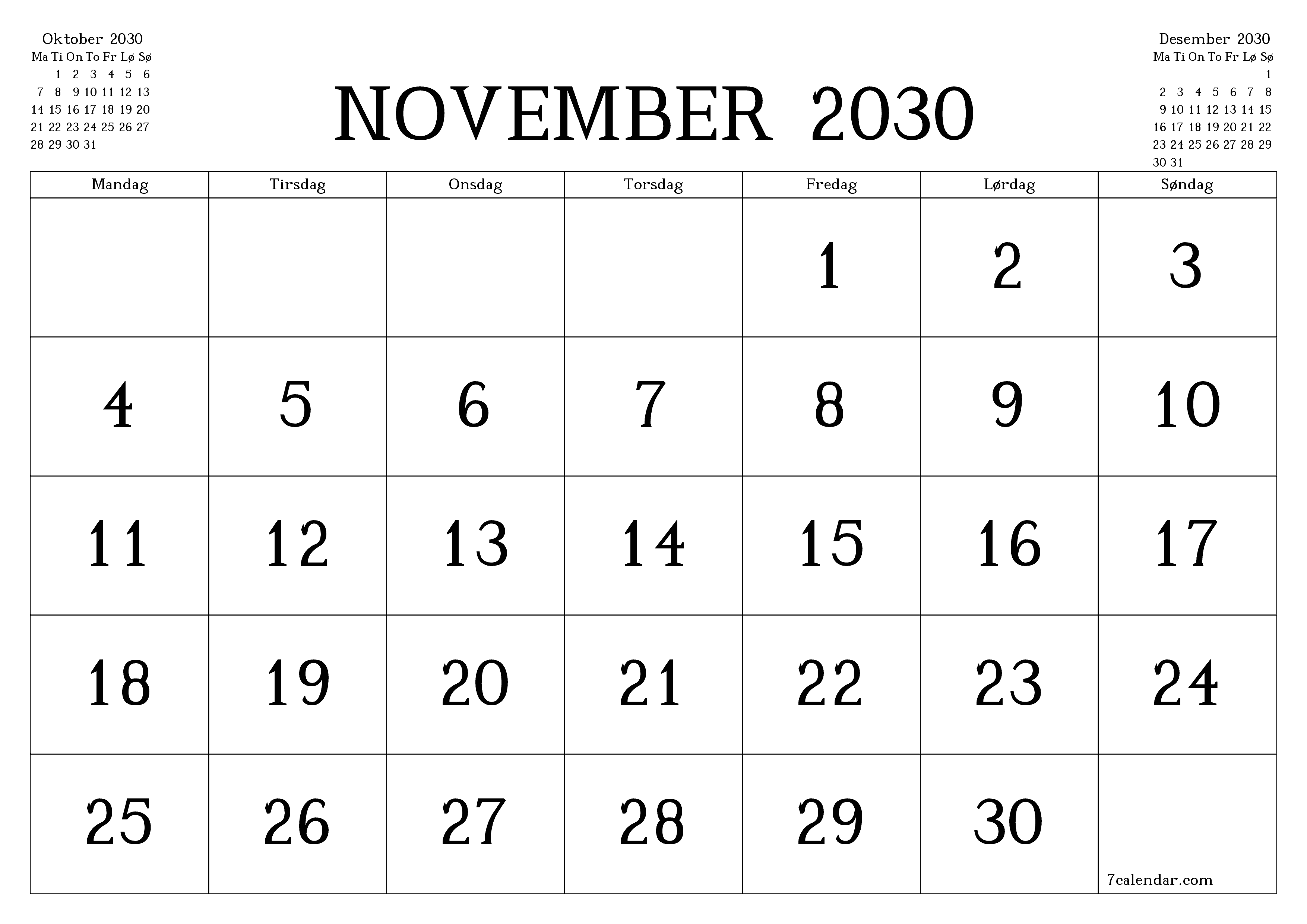 Tom månedlig planlegger for måned November 2030 med notater, lagre og skriv ut til PDF PNG Norwegian