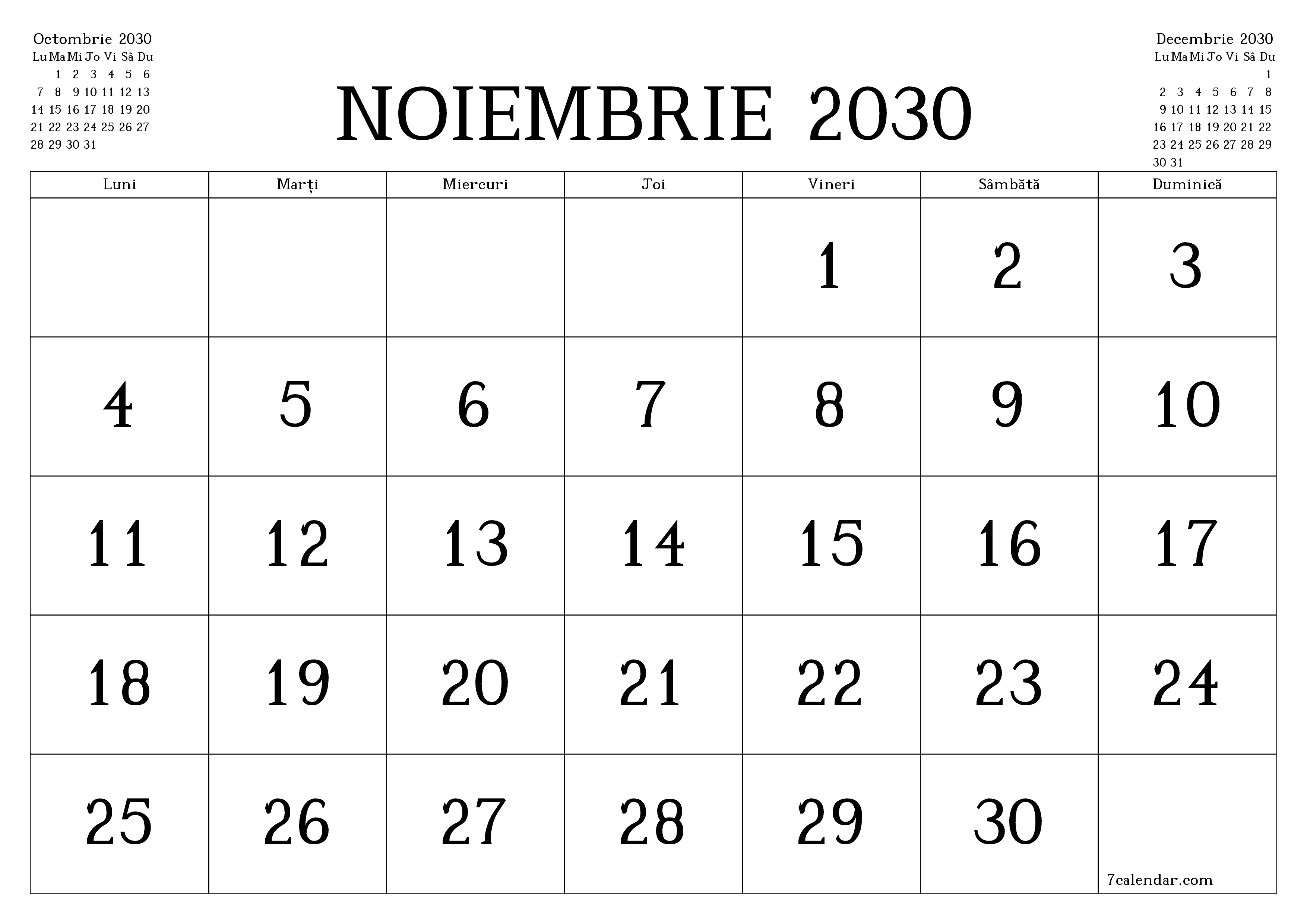 Planificator lunar gol pentru luna Noiembrie 2030 cu note, salvați și tipăriți în PDF PNG Romanian