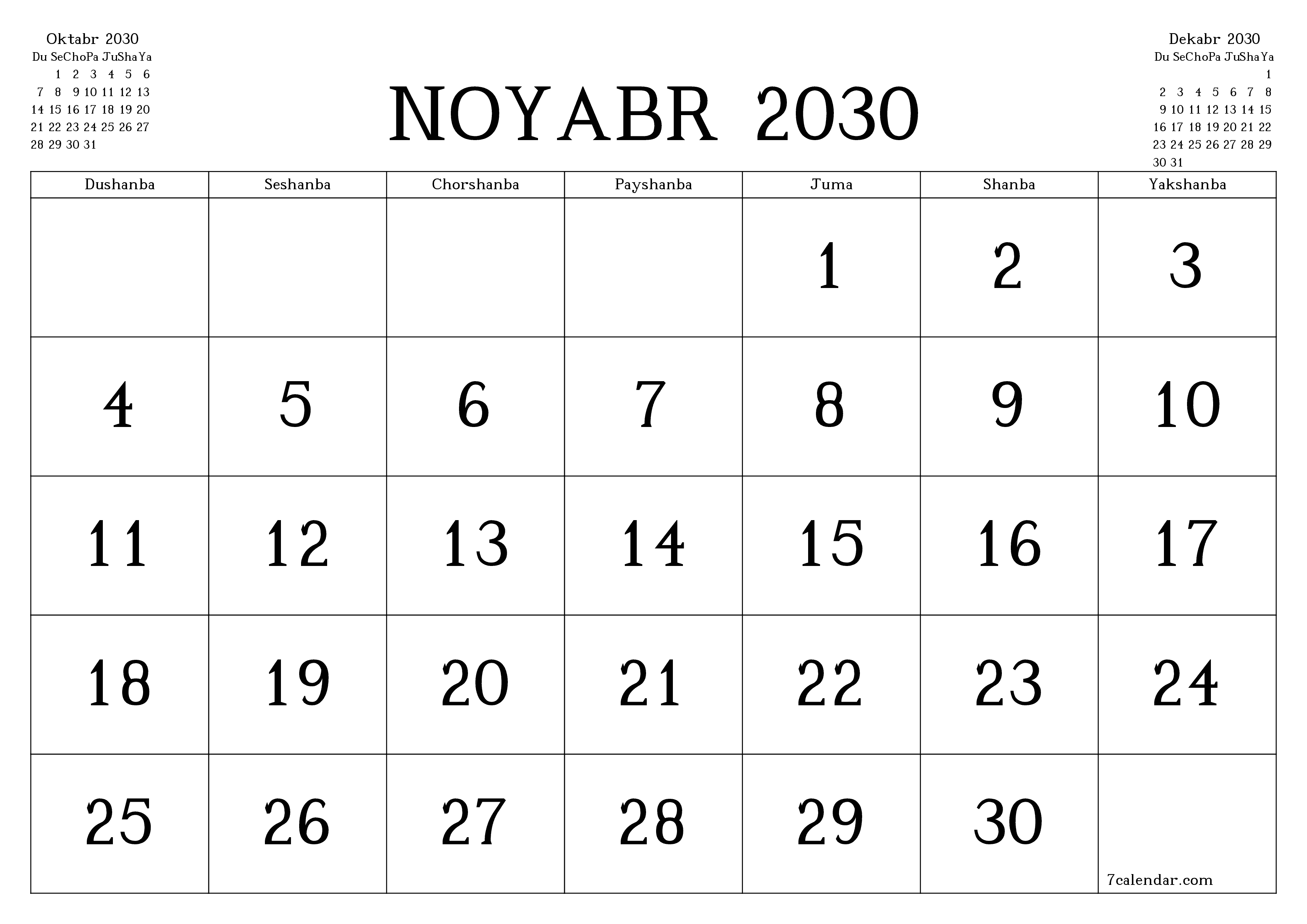 Noyabr 2030 oylik oylik rejalashtiruvchini yozuvlar bilan bo'shatish, saqlash va PDF-ga chop etish PNG Uzbek
