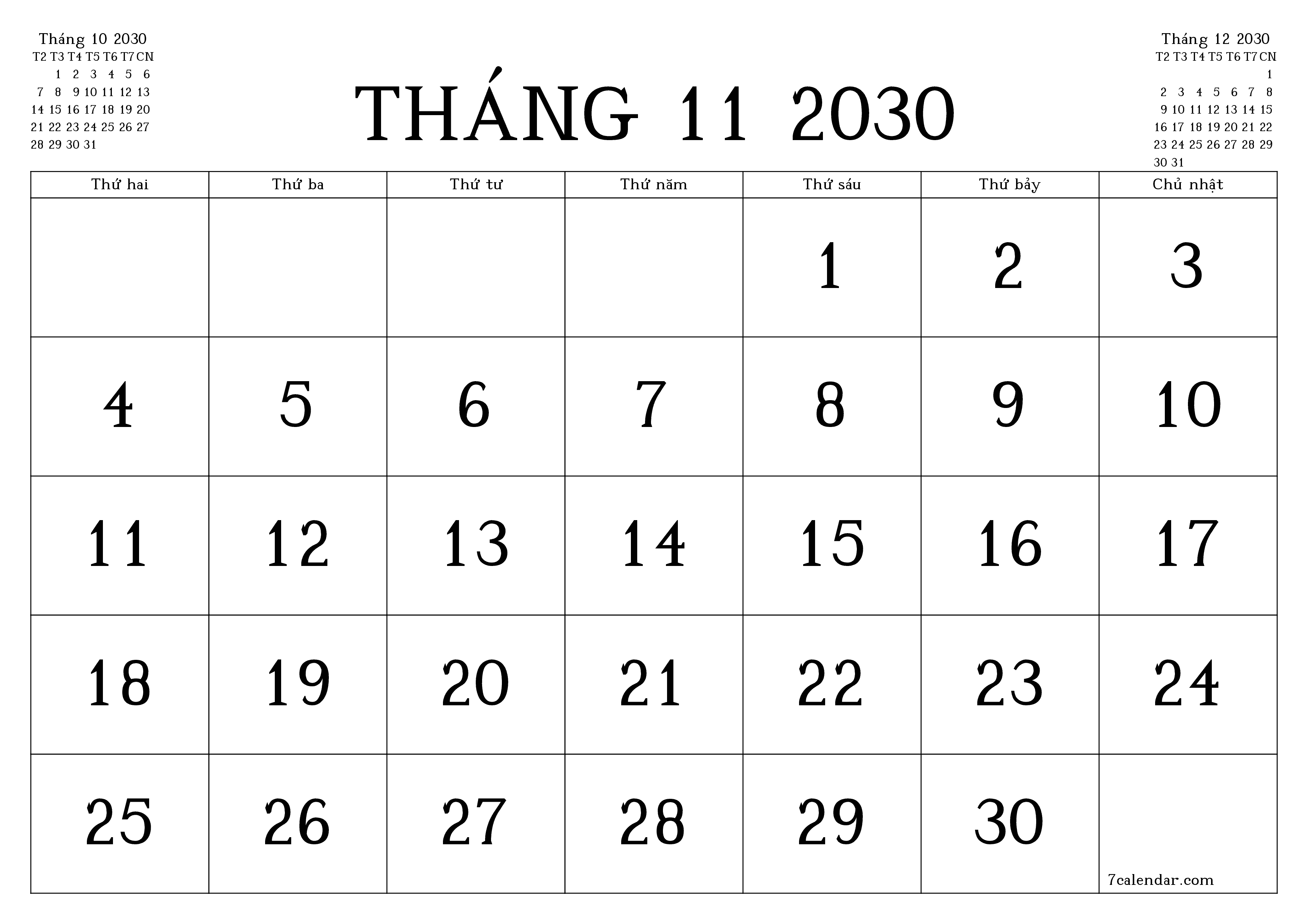 Công cụ lập kế hoạch hàng tháng trống cho tháng Tháng 11 2030 có ghi chú, lưu và in sang PDF PNG Vietnamese